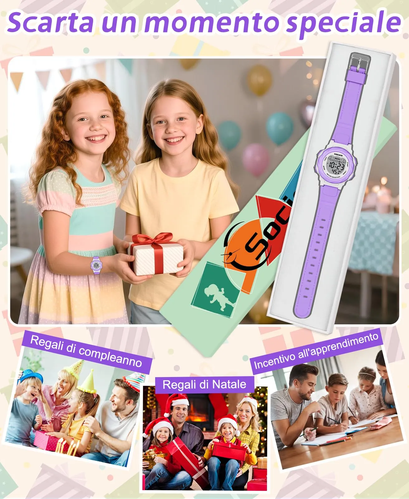 SOCICO Orologio Digitale Impermeabile 5ATM per Bambini con Luce a 7 Colori, Motivo Cartone Animato, Viola - immagine 6