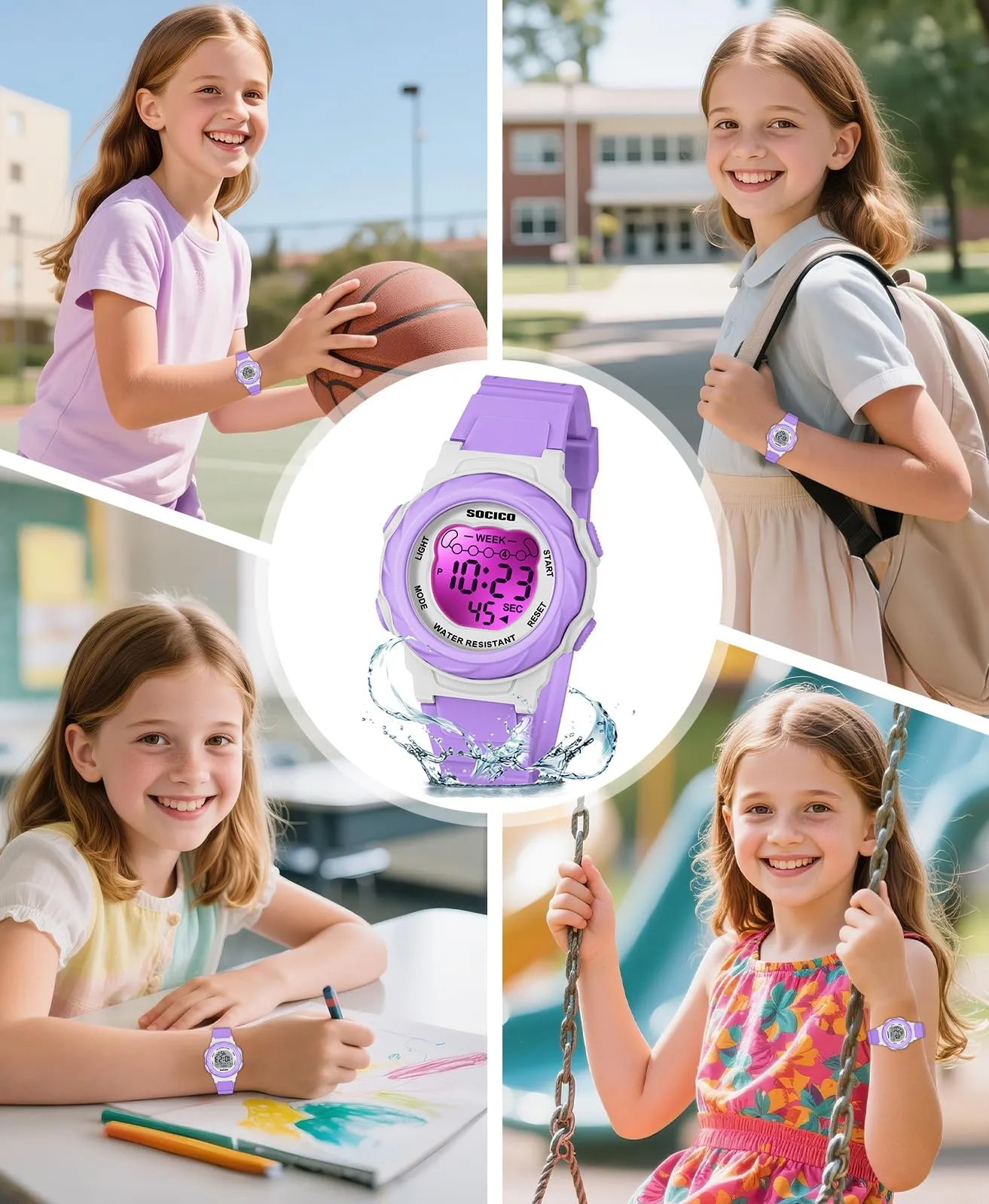 SOCICO Orologio Digitale Impermeabile 5ATM per Bambini con Luce a 7 Colori, Motivo Cartone Animato, Viola - immagine 7