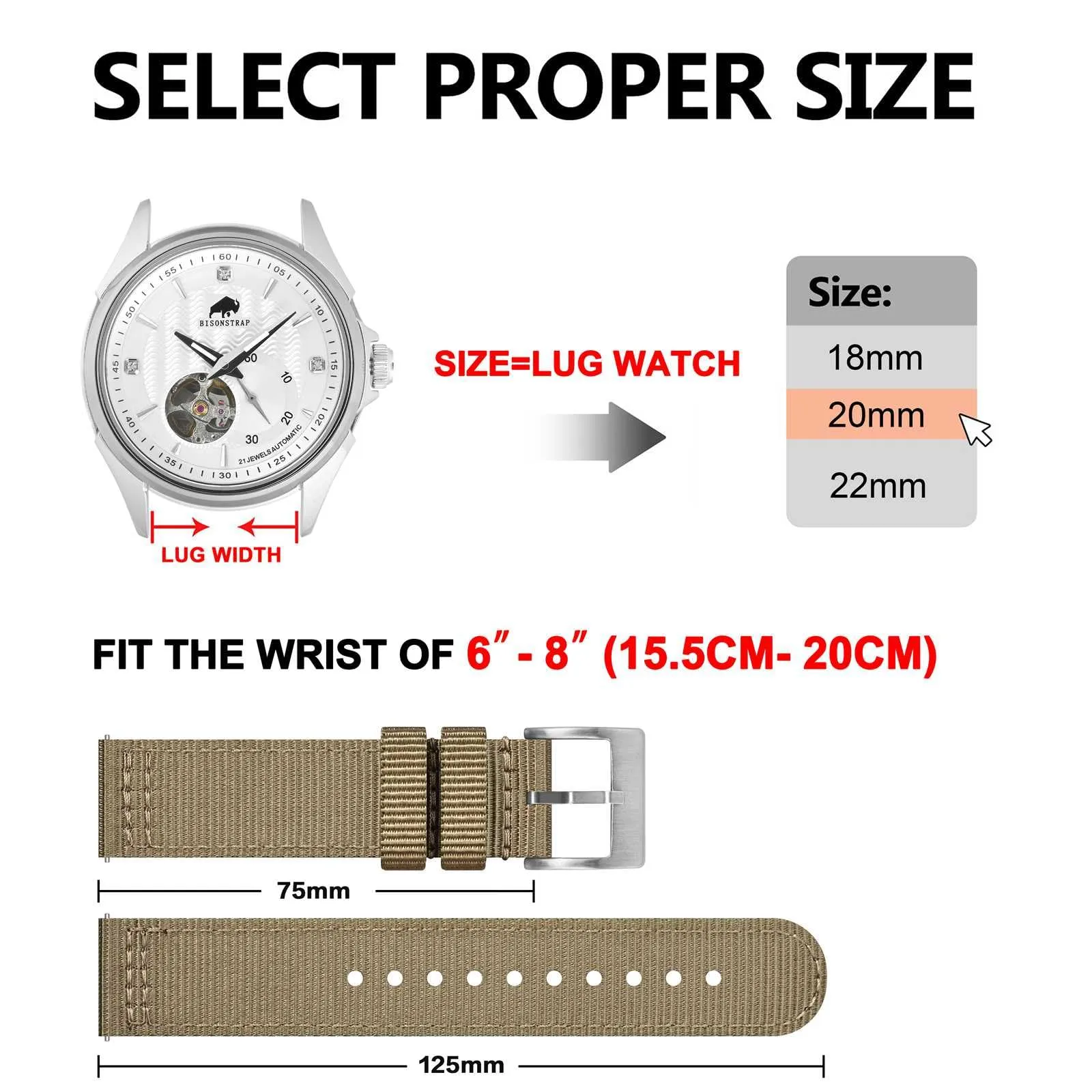 BISONSTRAP Cinturino in Nylon da Uomo per Orologi Militari, Sgancio Rapido, 24mm, Kaki (Fibbia Argento) - immagine 5