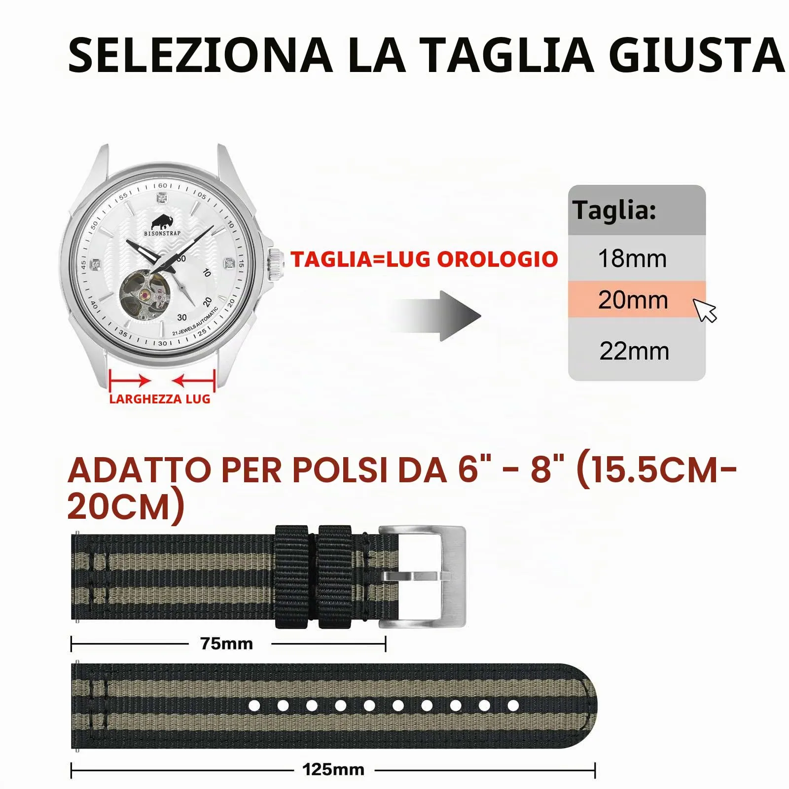 BISONSTRAP Cinturino in Nylon da Uomo per Orologi Militari, Sgancio Rapido, 20mm, Nero+Grigio (Fibbia Argento) - immagine 5