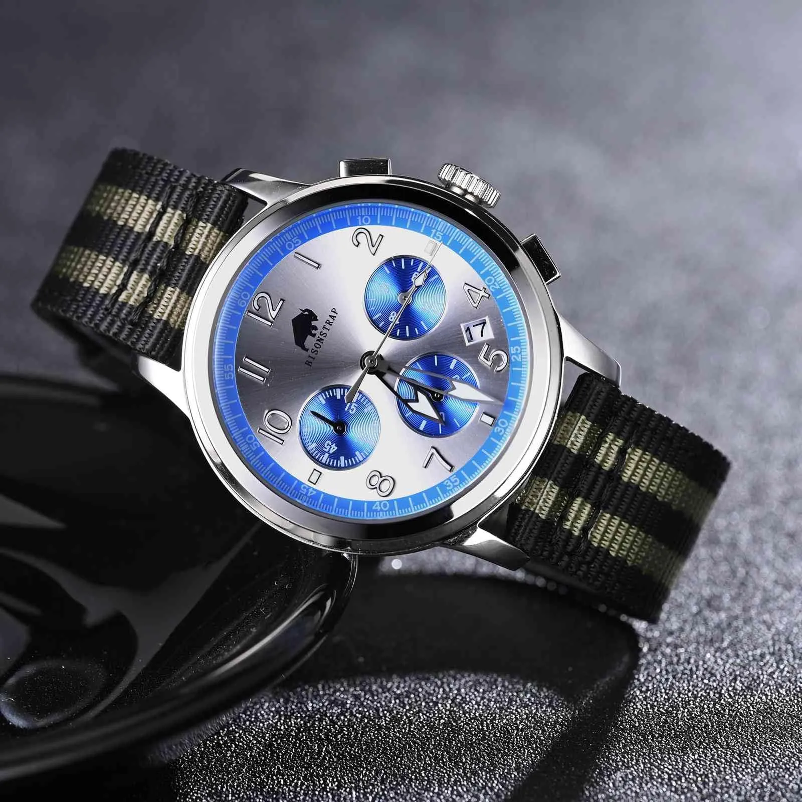 BISONSTRAP Cinturino in Nylon da Uomo per Orologi Militari, Sgancio Rapido, 20mm, Nero+Grigio (Fibbia Argento) - immagine 6