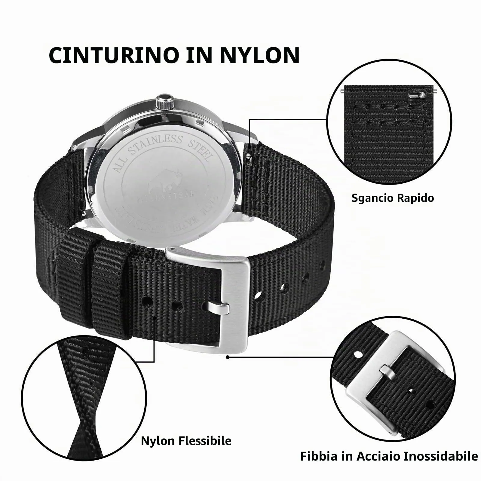 BISONSTRAP Cinturino in Nylon da Uomo per Orologi Militari, Sgancio Rapido, Fibbia Spazzolata, 18mm, Nero (Fibbia Argento) - immagine 4