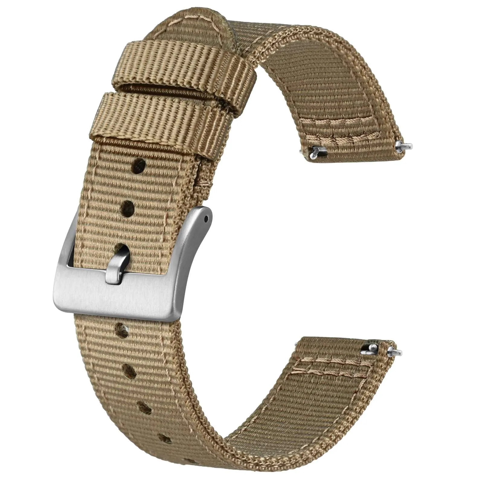 BISONSTRAP Cinturino in Nylon da Uomo per Orologi Militari, Sgancio Rapido, Fibbia Spazzolata Argento, 18mm, Kaki - immagine 1