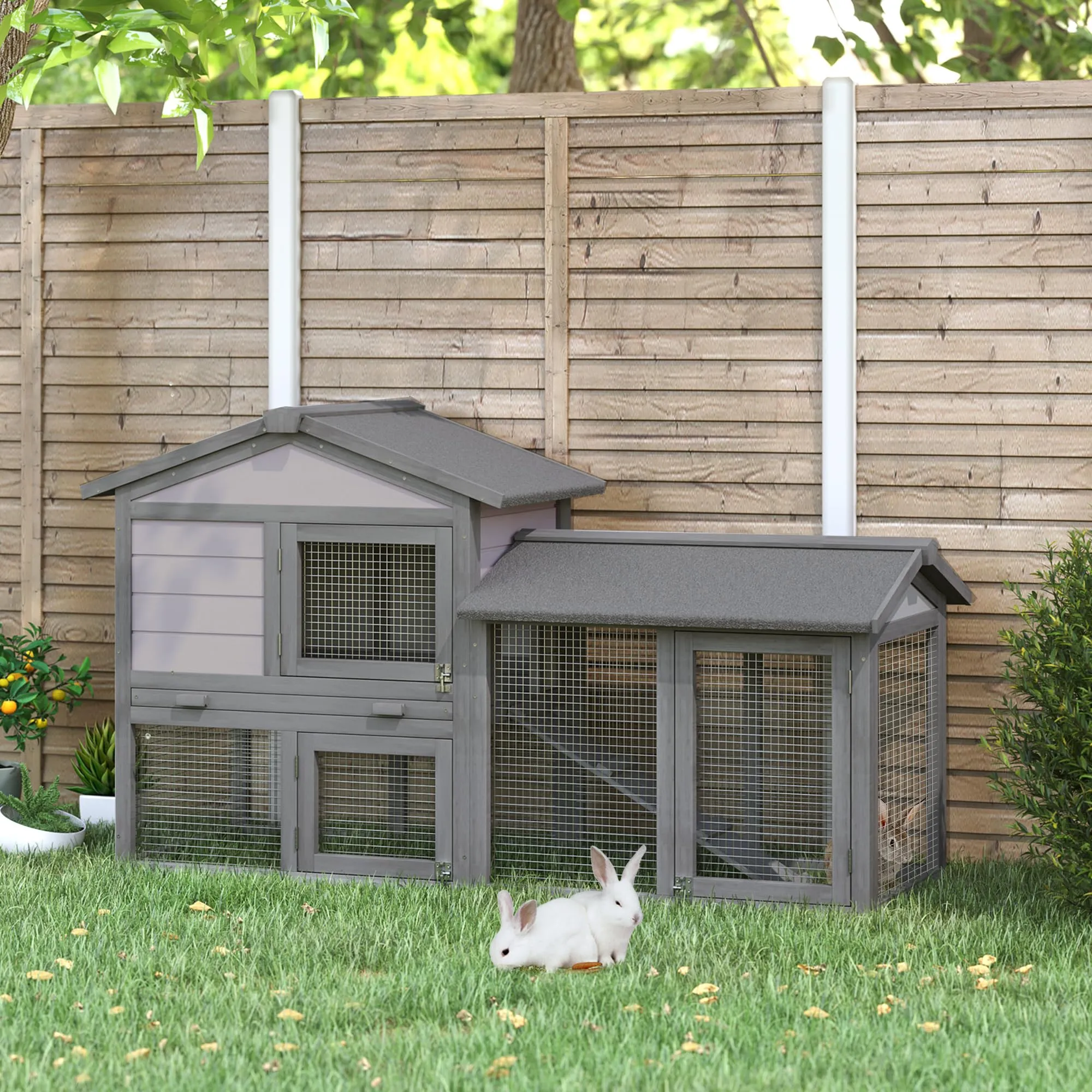 PawHut Conigliera Gabbia per Conigli da Esterno con Casetta 147x54x84cm - immagine 2