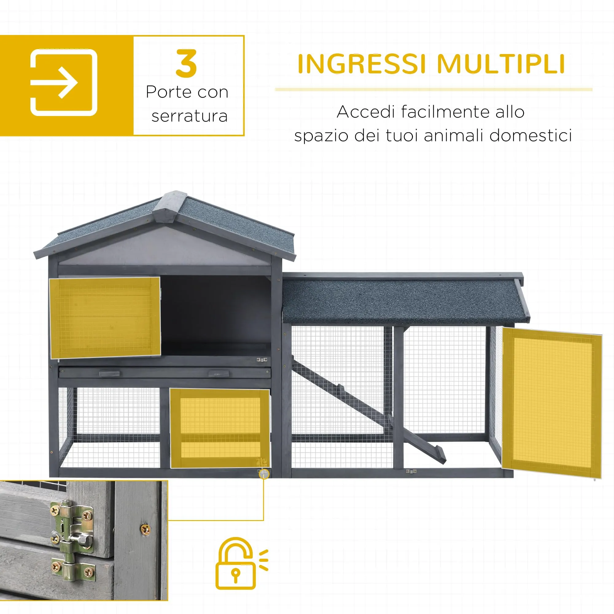PawHut Conigliera Gabbia per Conigli da Esterno con Casetta 147x54x84cm - immagine 3