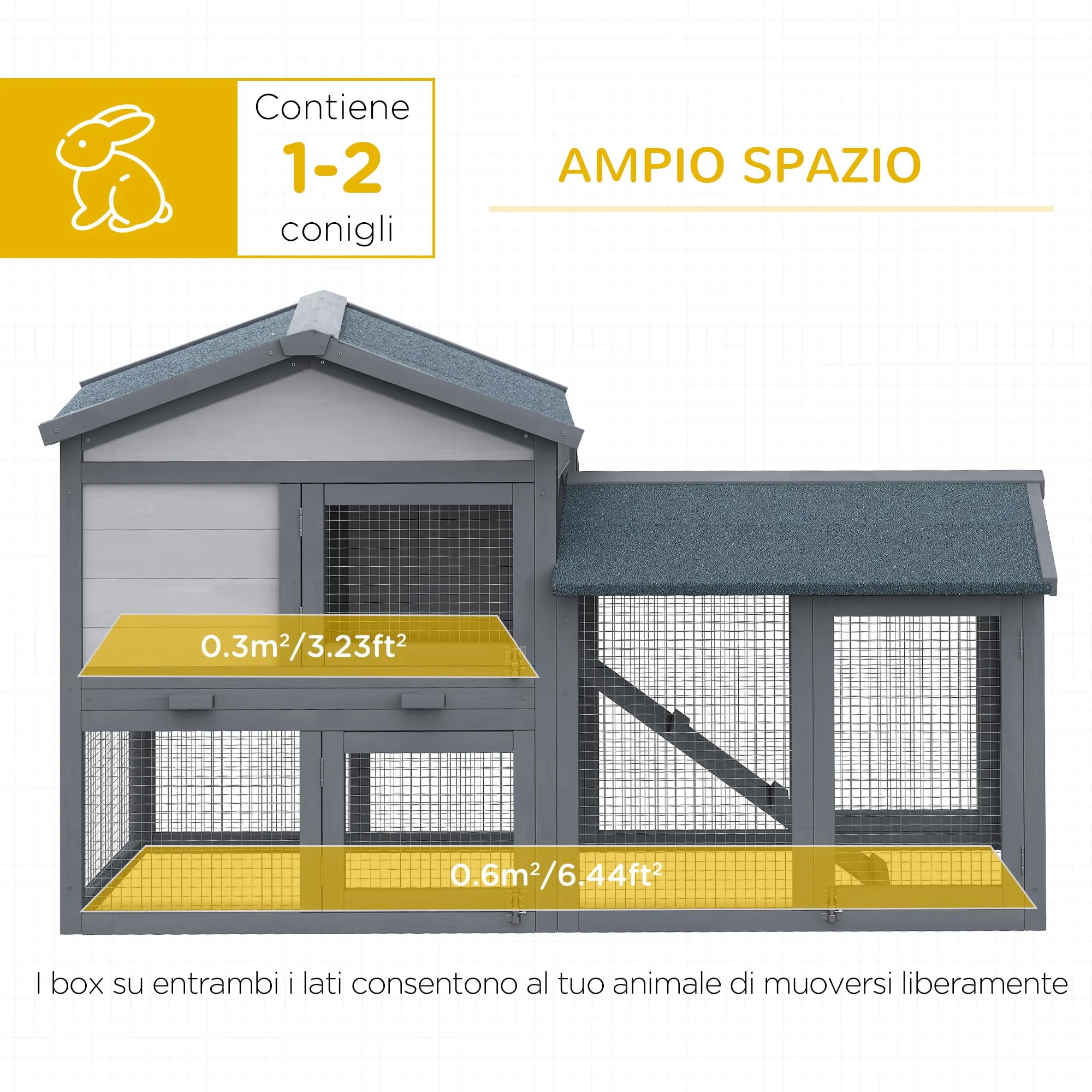 PawHut Conigliera Gabbia per Conigli da Esterno con Casetta 147x54x84cm - immagine 4