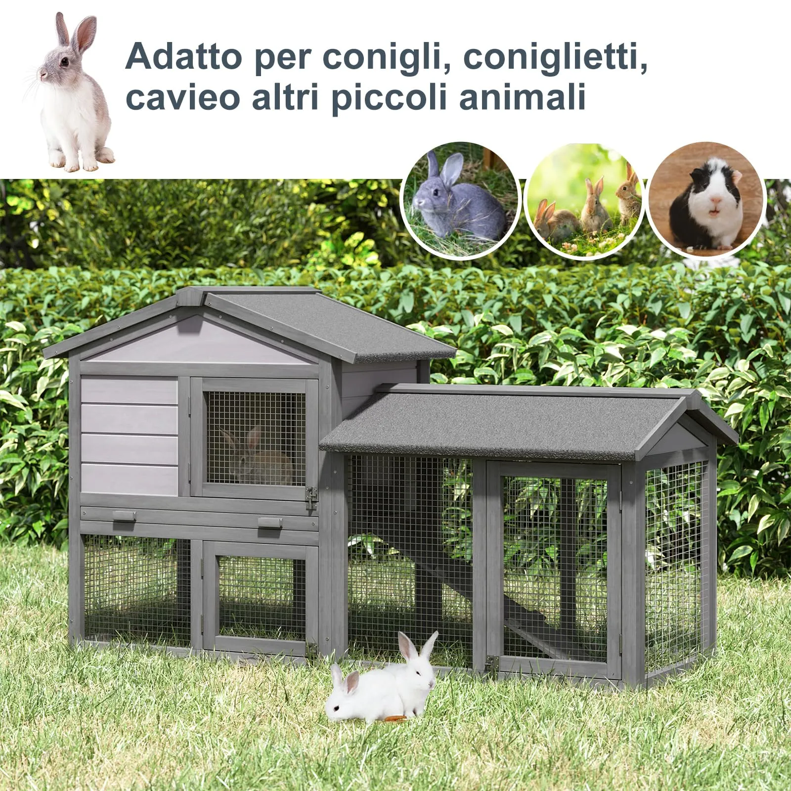 PawHut Conigliera Gabbia per Conigli da Esterno con Casetta 147x54x84cm - immagine 8