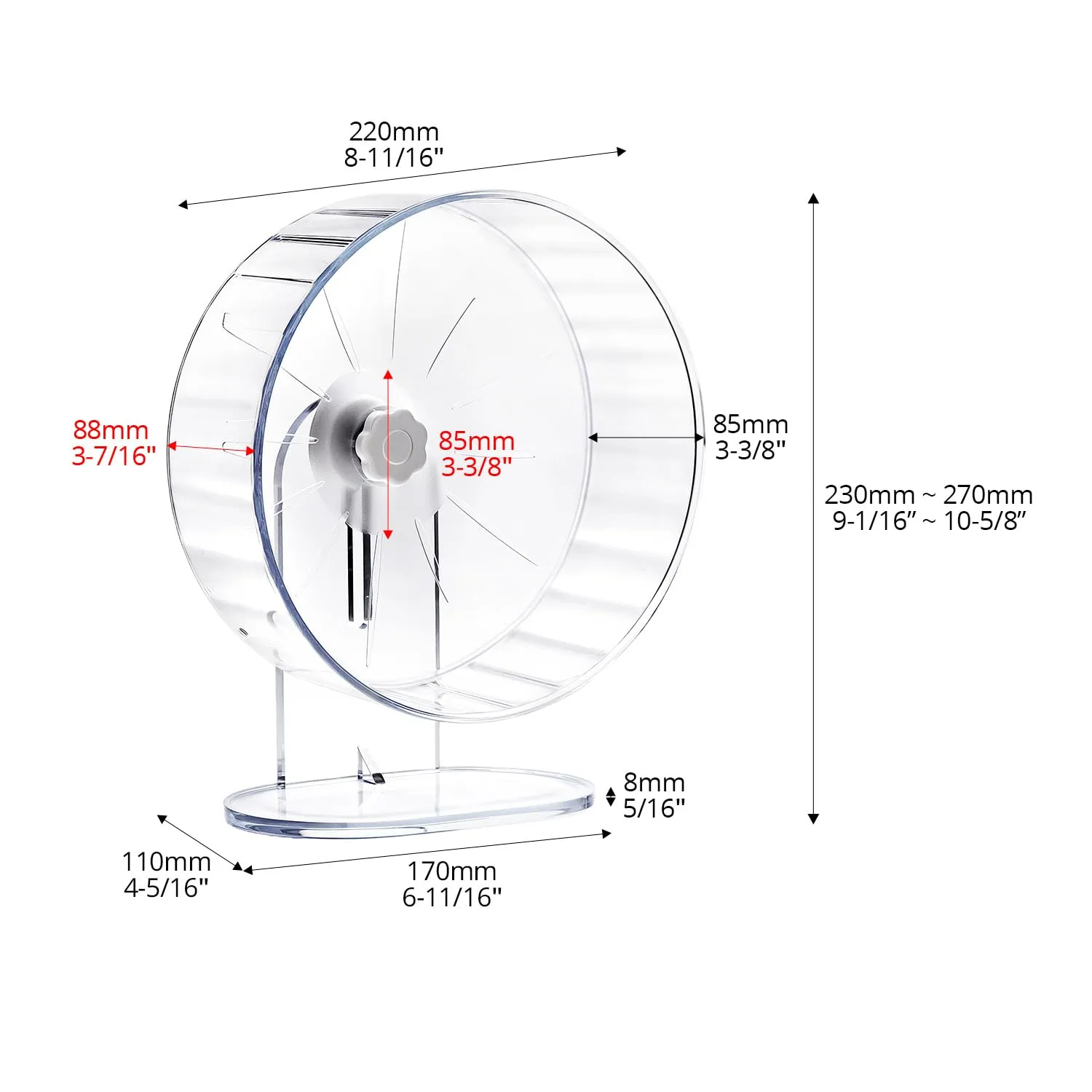 QWORK Ruota per Criceti Silenziosa, 22 cm, Acrilico Trasparente con Supporto Regolabile - immagine 6