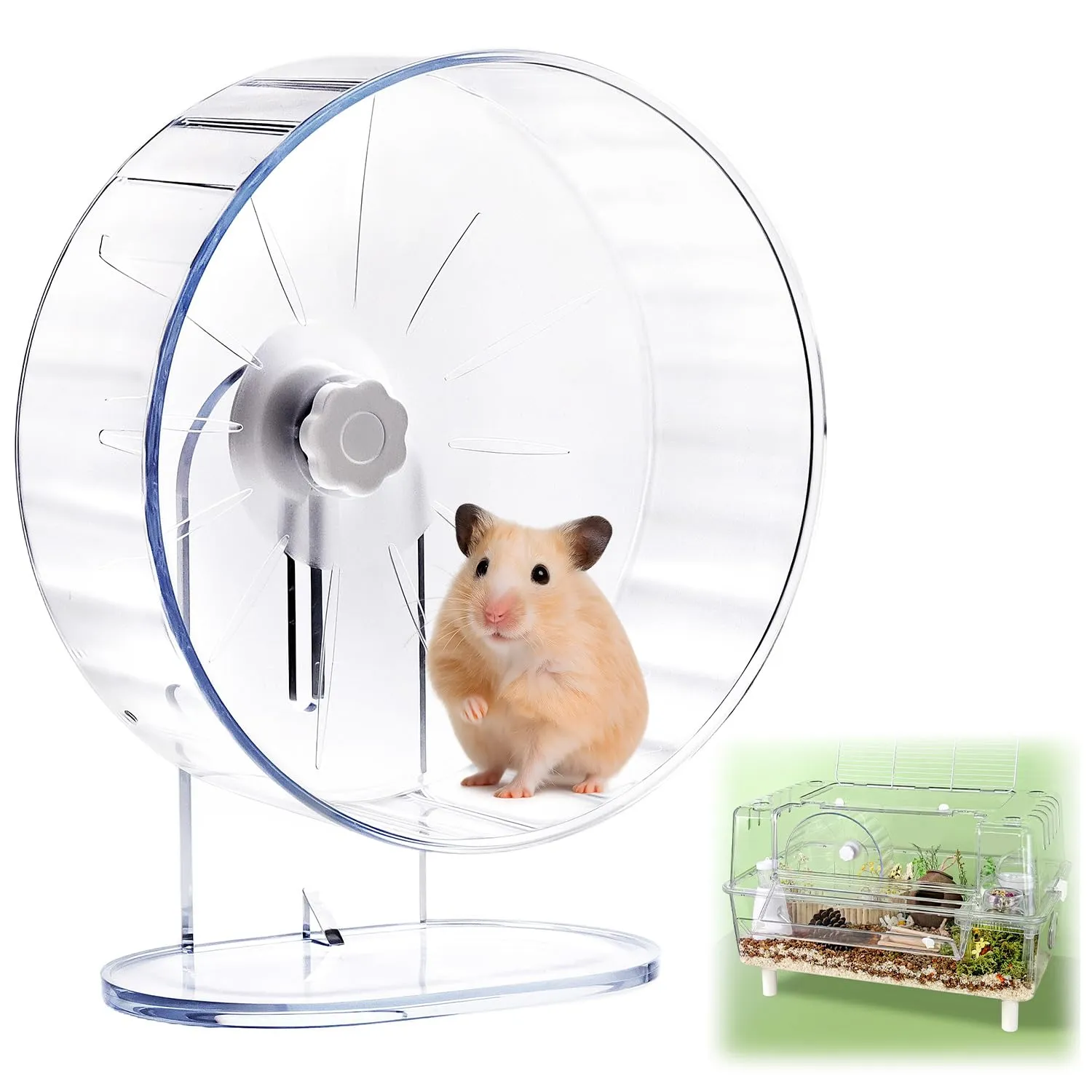 QWORK Ruota per Criceti Silenziosa, 22 cm, Acrilico Trasparente con Supporto Regolabile - immagine 7