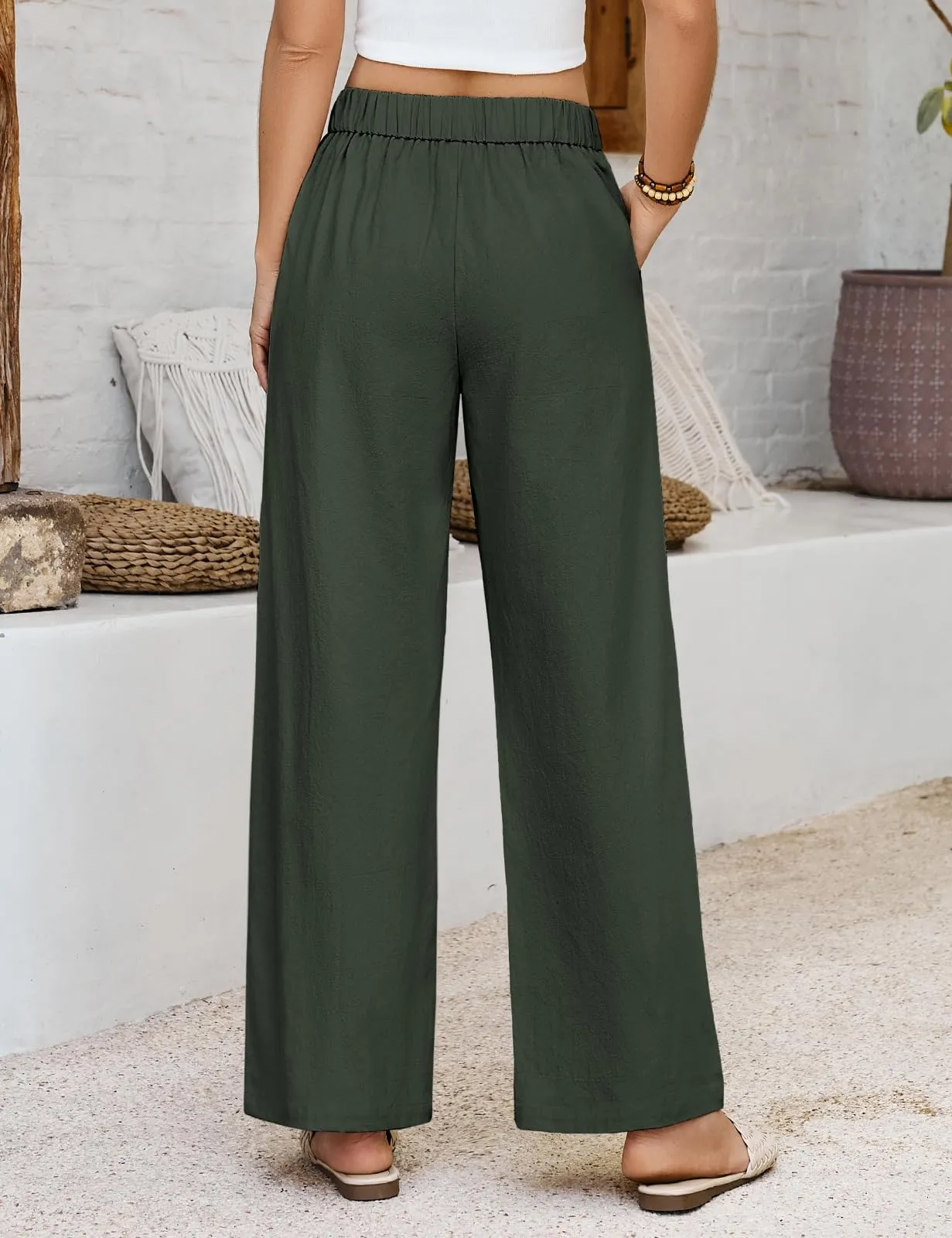 PASUDA Pantaloni Donna Estivi in Cotone, Larghi con Vita Elastica e Tasche, Tinta Unita, Verde, S - immagine 2