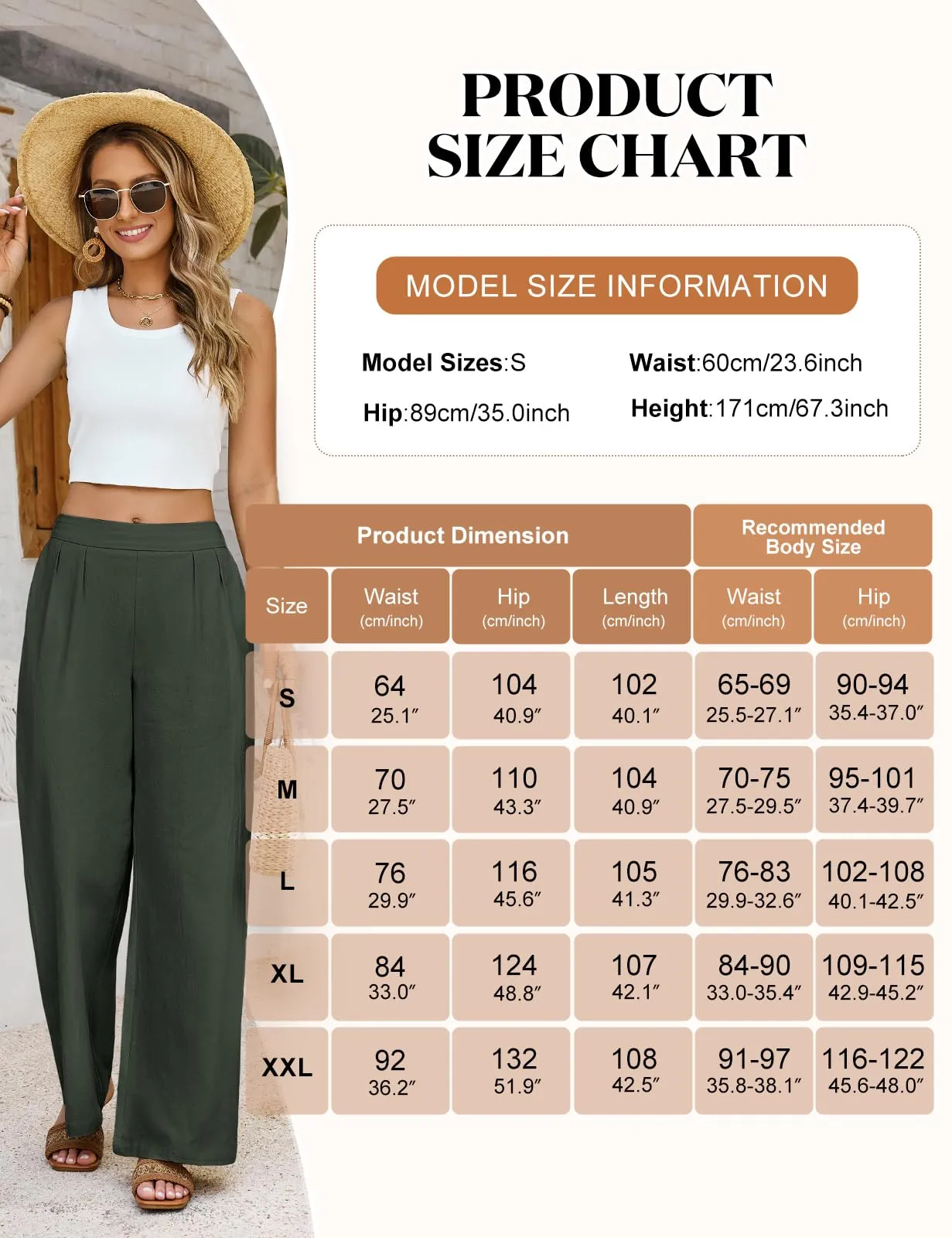 PASUDA Pantaloni Donna Estivi in Cotone, Larghi con Vita Elastica e Tasche, Tinta Unita, Verde, S - immagine 4