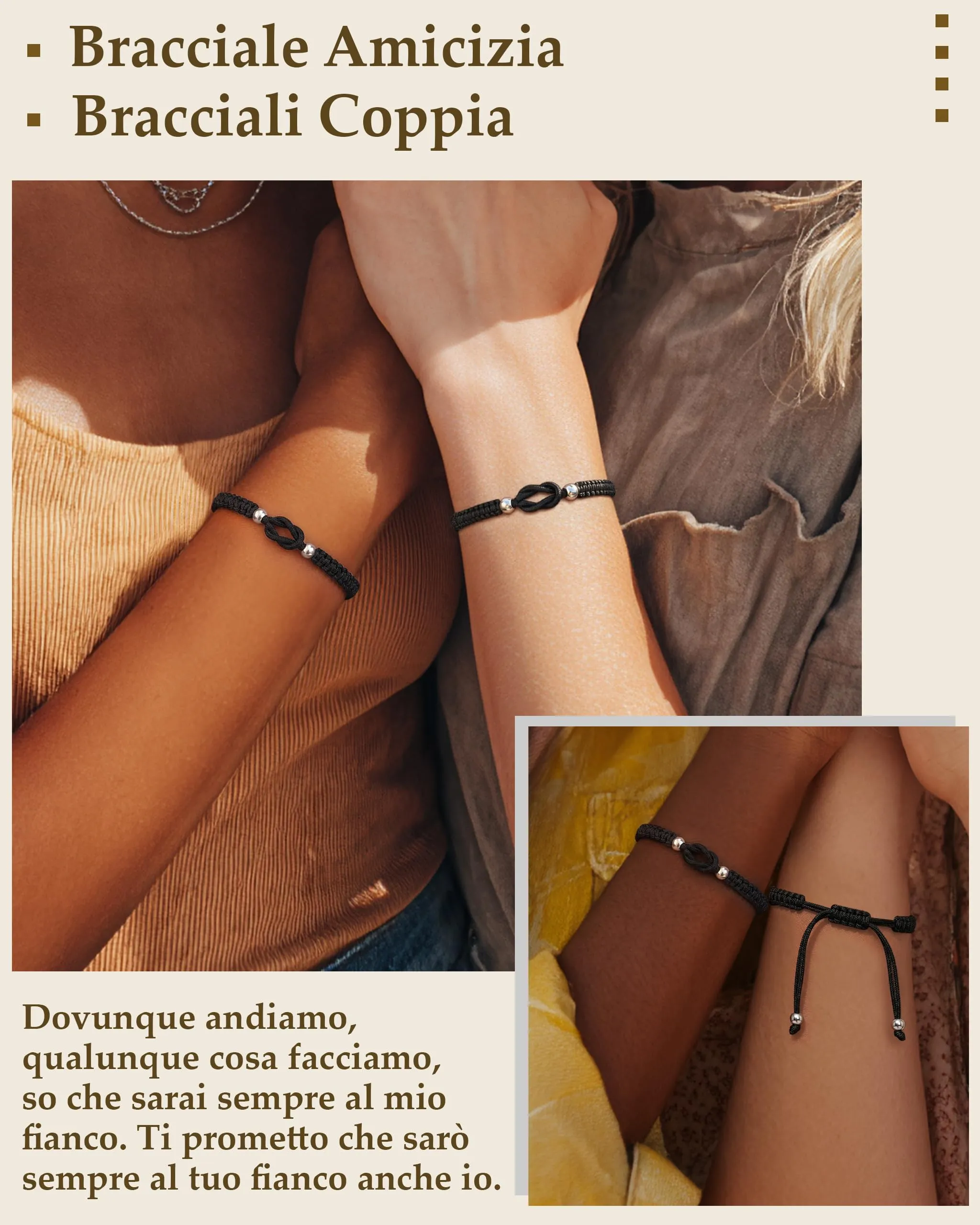 J.Fée Set di 2 Bracciali Intrecciati Nodo d'Amore Regolabili, Nero - immagine 3