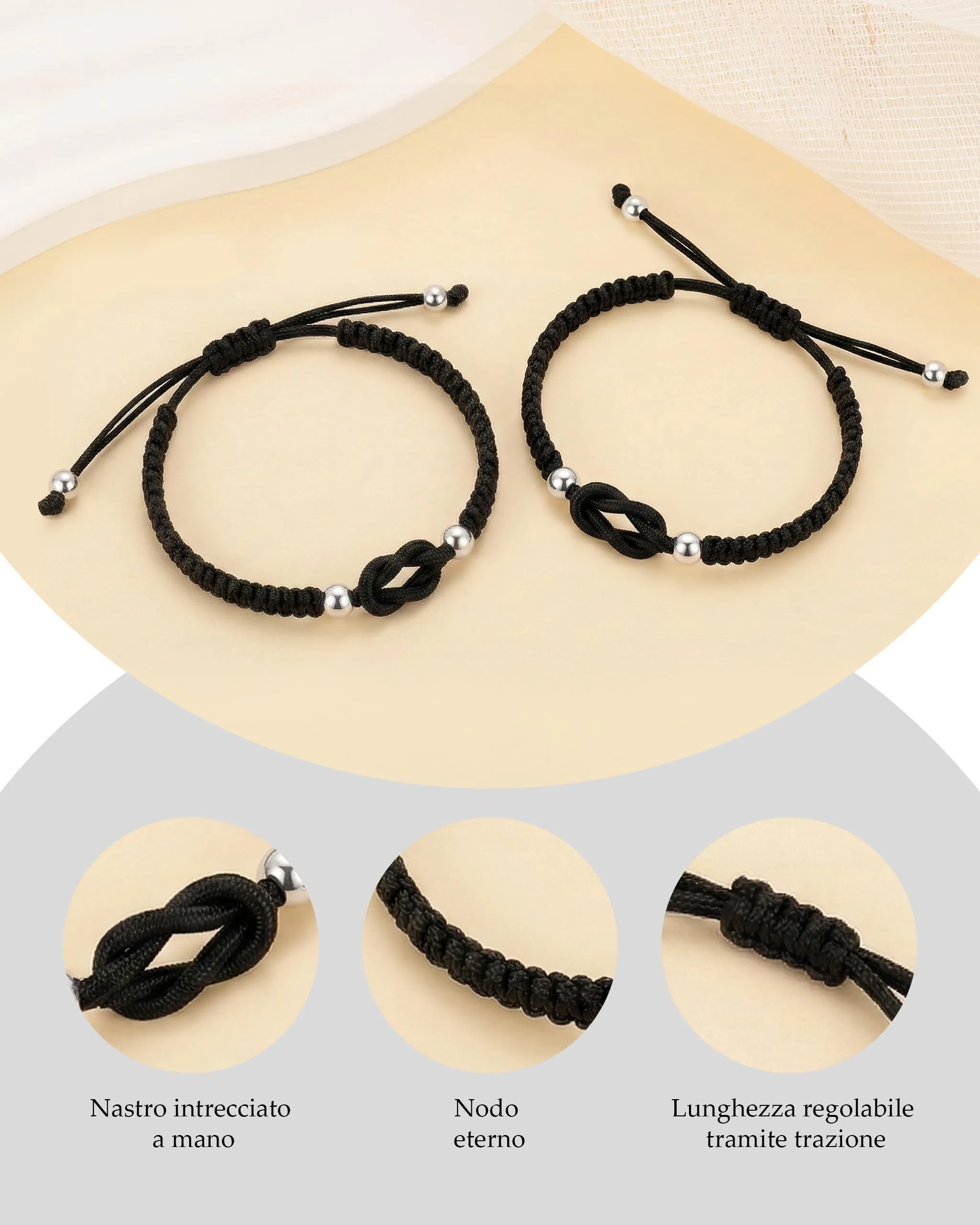J.Fée Set di 2 Bracciali Intrecciati Nodo d'Amore Regolabili, Nero - immagine 5
