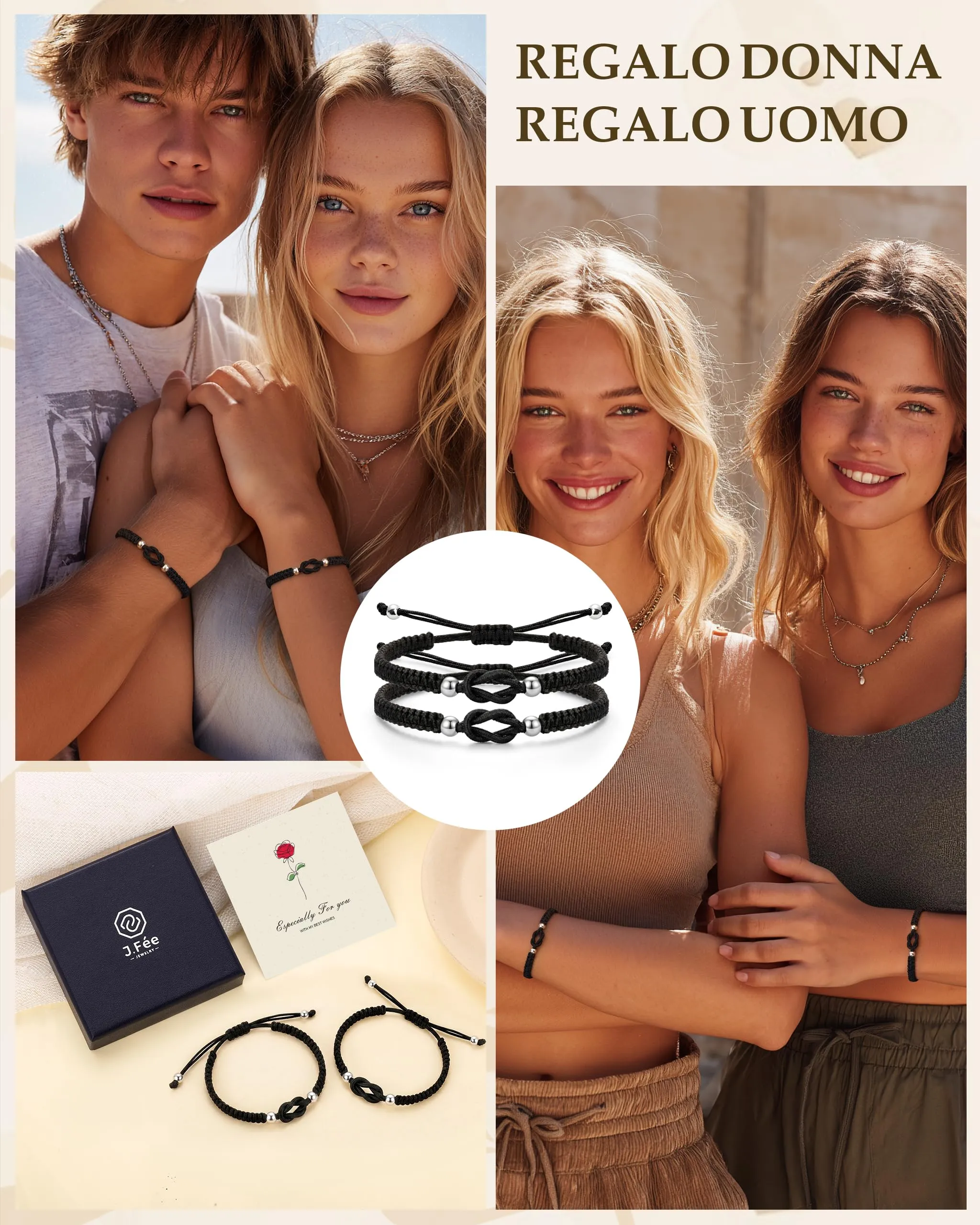 J.Fée Set di 2 Bracciali Intrecciati Nodo d'Amore Regolabili, Nero - immagine 6