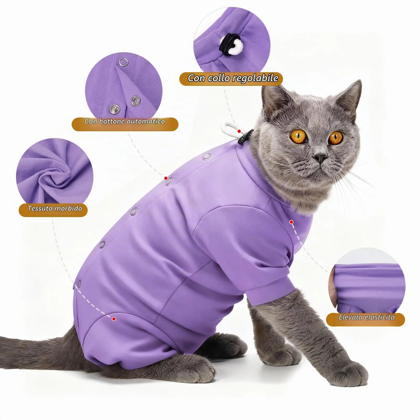 HEYWEAN Tutina Post Operatorio per Gatto, Pigiama Manica Lunga Post Intervento, Body Chirurgico Alternativa al Collare, Taglia M, Viola - immagine 2