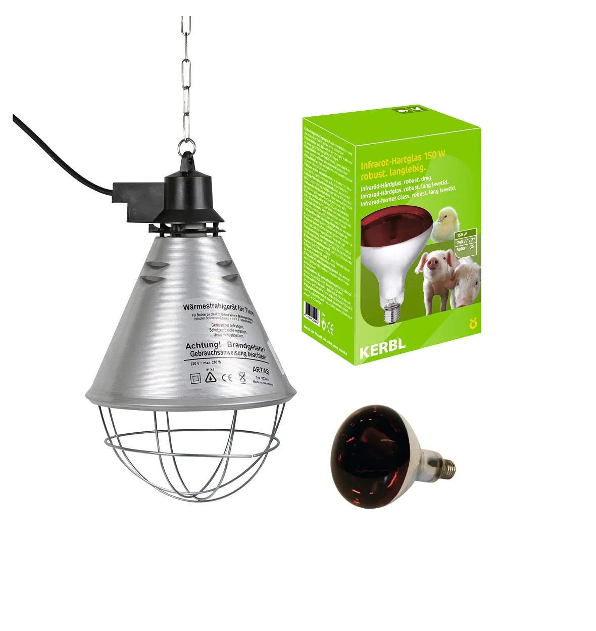 Kerbl Kit Lampada a Raggi Infrarossi Riscaldante 250W con Riflettore, Griglia di Protezione, Catena di Fissaggio e Cavo da 2.5m - immagine 1