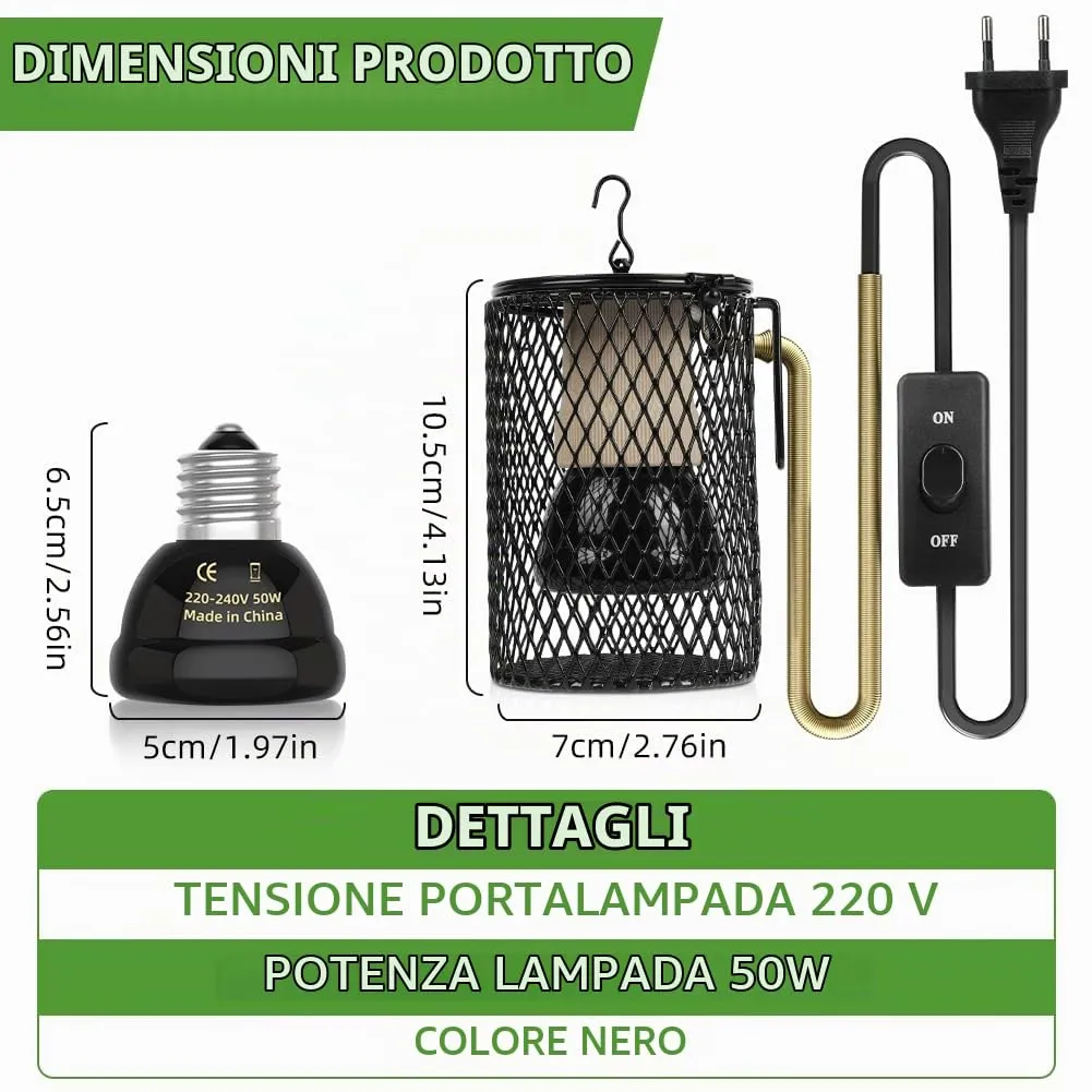 Adiwo Lampada Termica per Rettili e Tartarughe, Ceramica con Supporto Base e Cestino Protettivo, Temperatura Regolabile, Confezione da 2 Pezzi - immagine 2