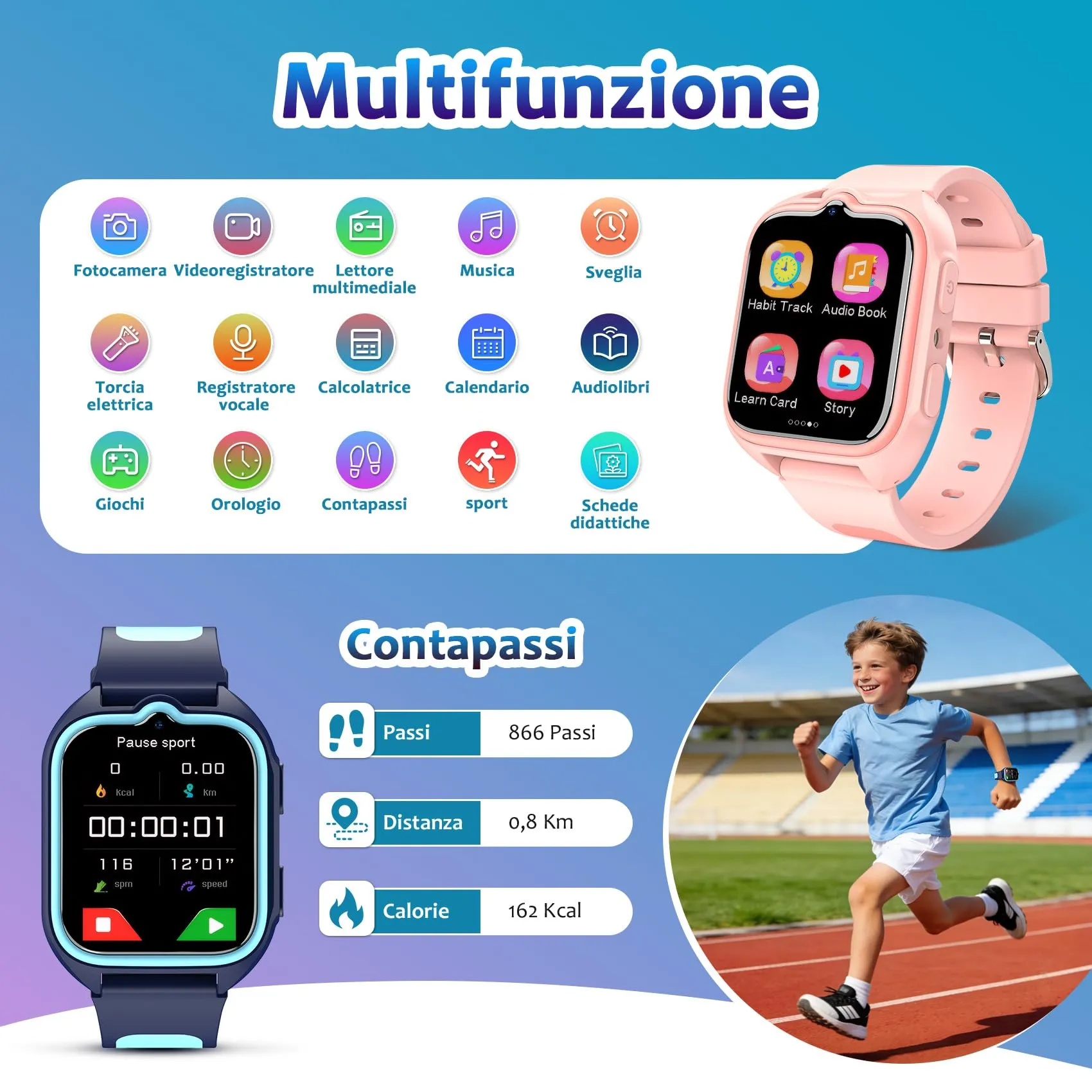 Blackview Smartwatch per Bambini, Schermo TFT 1.75 pollici, 30 Giochi Educativi, Fotocamera HD, Video, Lettore Musicale, Contapassi e Sveglia - immagine 2