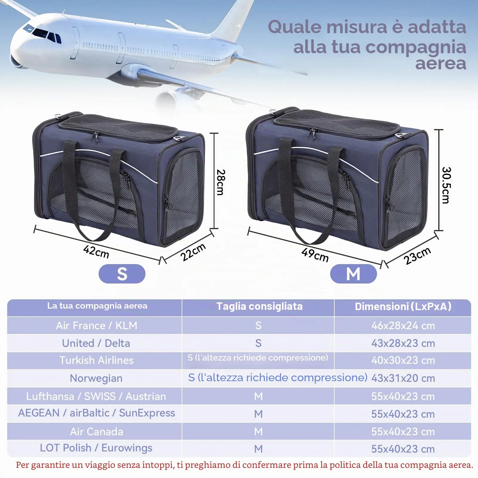 Petsfit Trasportino Traspirante per Gatti e Cani con 2 Cuscini Lavabili, Borsa da Viaggio per Aereo e Auto - M, Blu - immagine 3