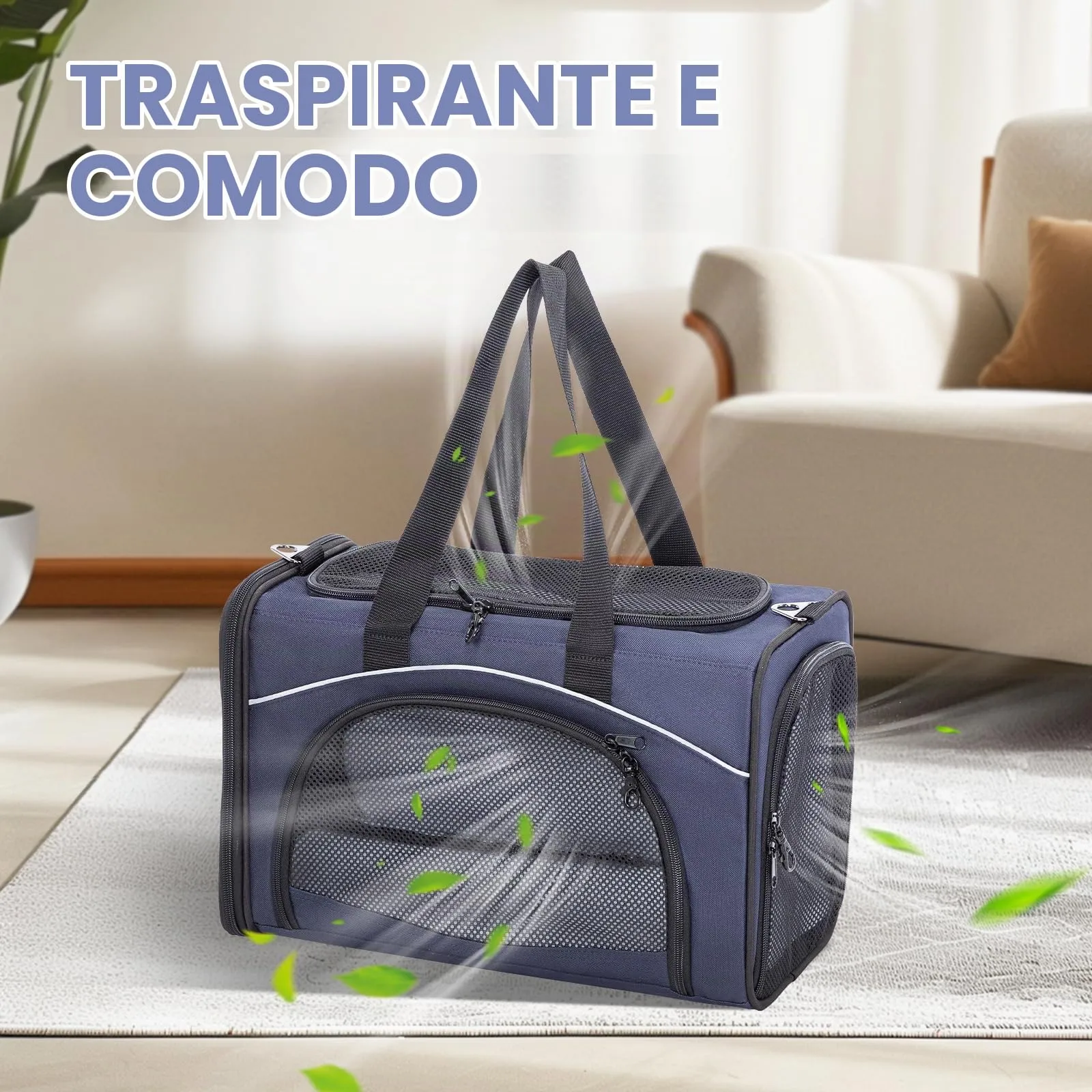 Petsfit Trasportino Traspirante per Gatti e Cani con 2 Cuscini Lavabili, Borsa da Viaggio per Aereo e Auto - M, Blu - immagine 5