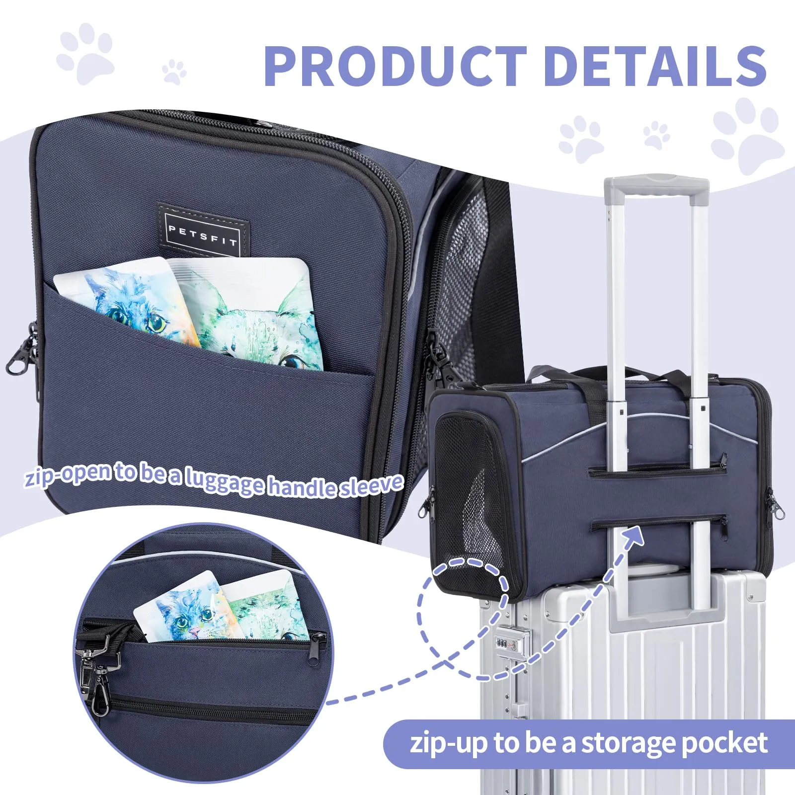 Petsfit Trasportino Traspirante per Gatti e Cani con 2 Cuscini Lavabili, Borsa da Viaggio per Aereo e Auto - M, Blu - immagine 6