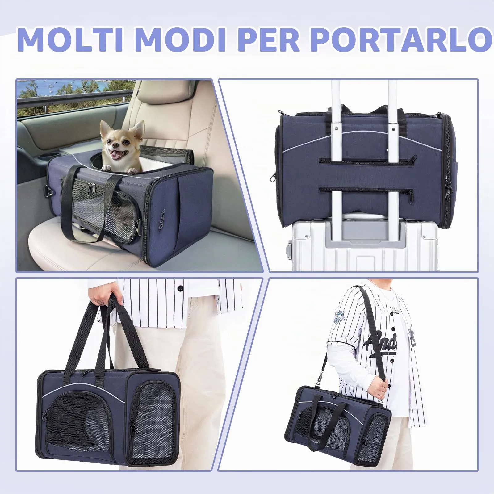 Petsfit Trasportino Traspirante per Gatti e Cani con 2 Cuscini Lavabili, Borsa da Viaggio per Aereo e Auto - M, Blu - immagine 8