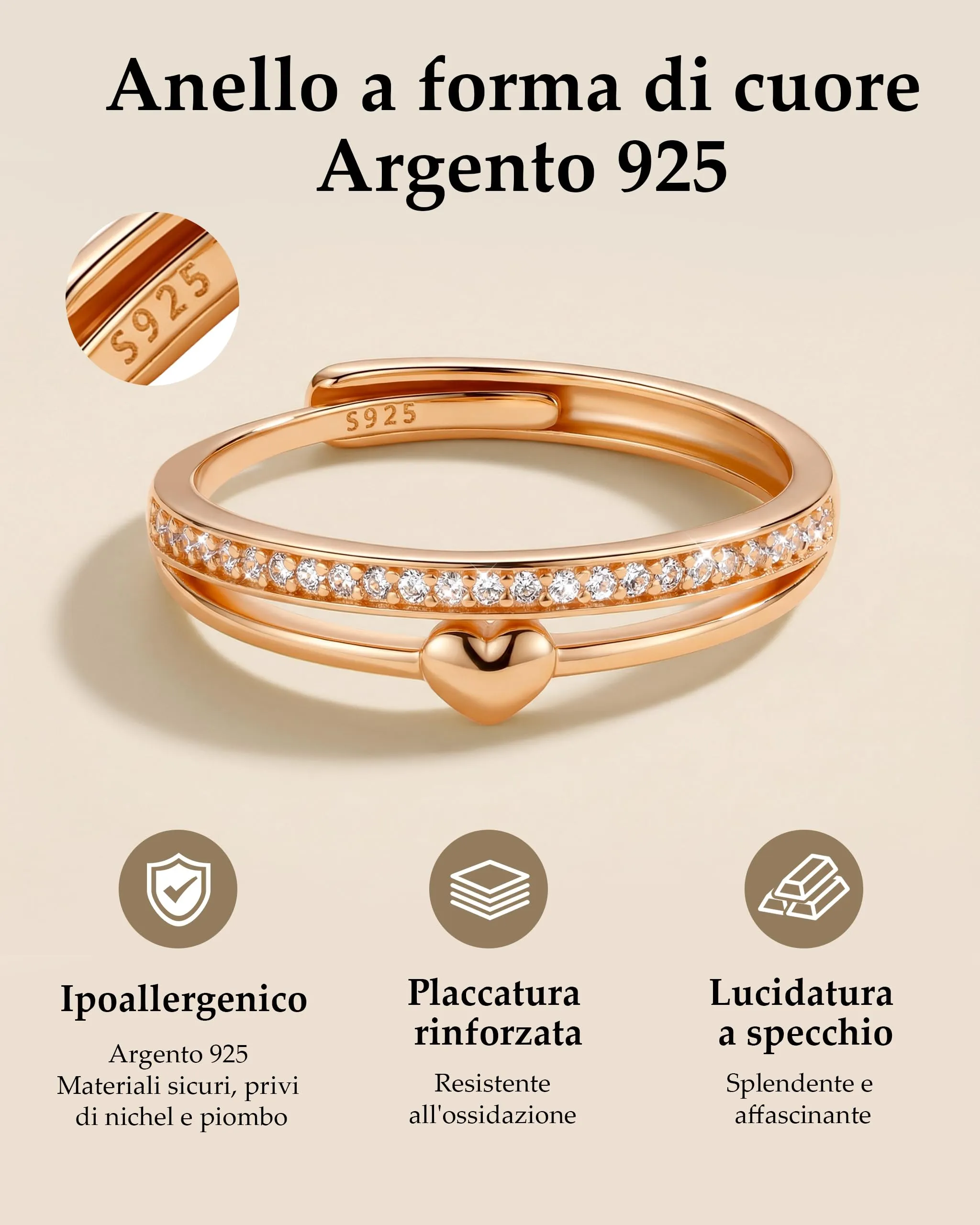 J.Fée Anello Donna Argento 925 con Zirconi 5A, Oro Rosa Regolabile - immagine 2
