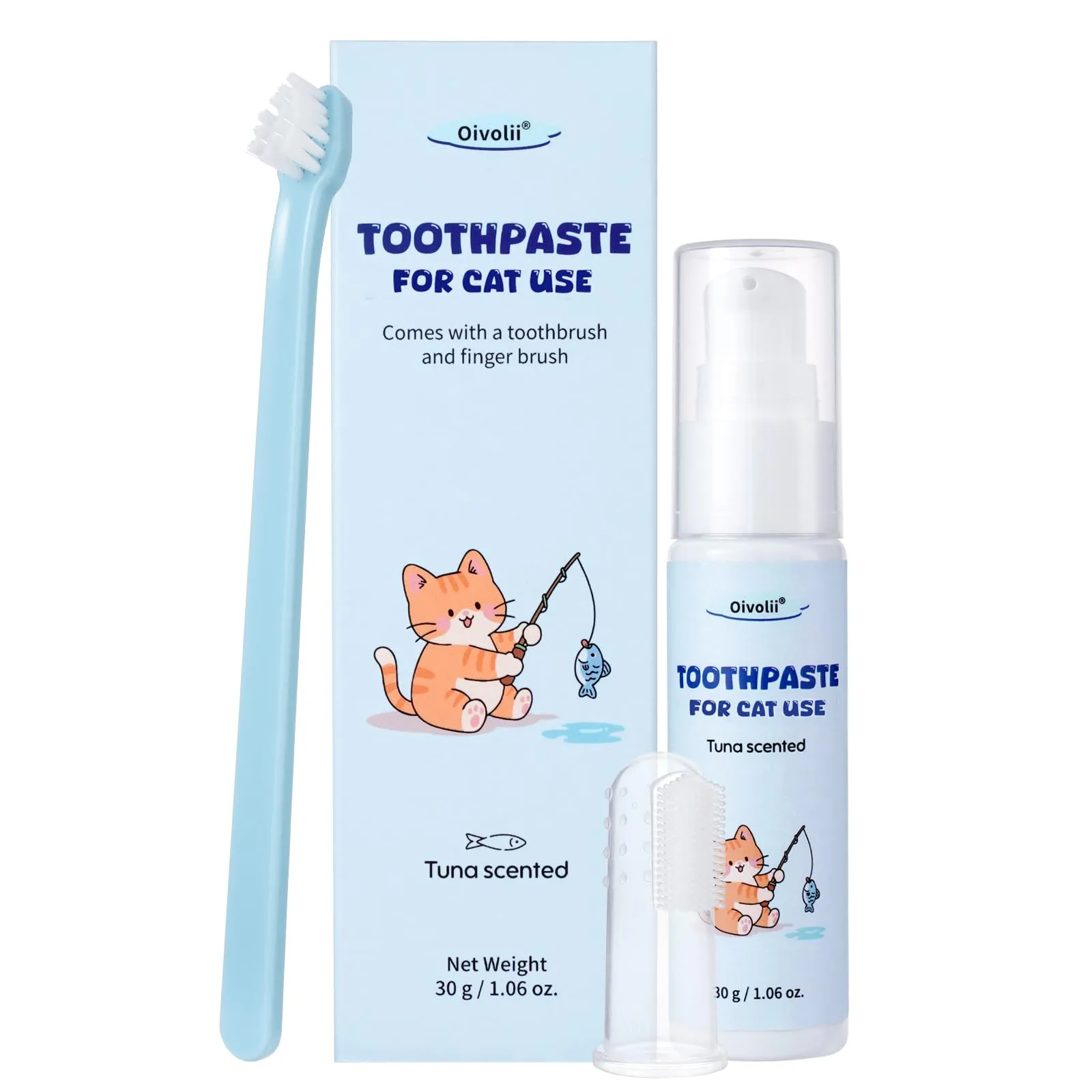 Oivolii Kit Dentifricio per Gatti al Gusto di Tonno senza Fluoro, 30 g - immagine 1