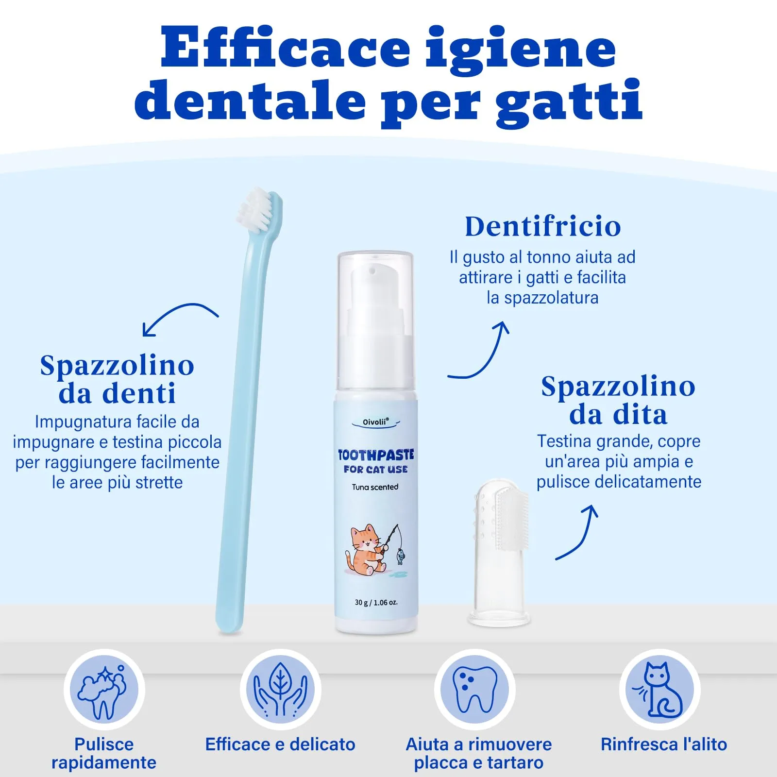 Oivolii Kit Dentifricio per Gatti al Gusto di Tonno senza Fluoro, 30 g - immagine 2