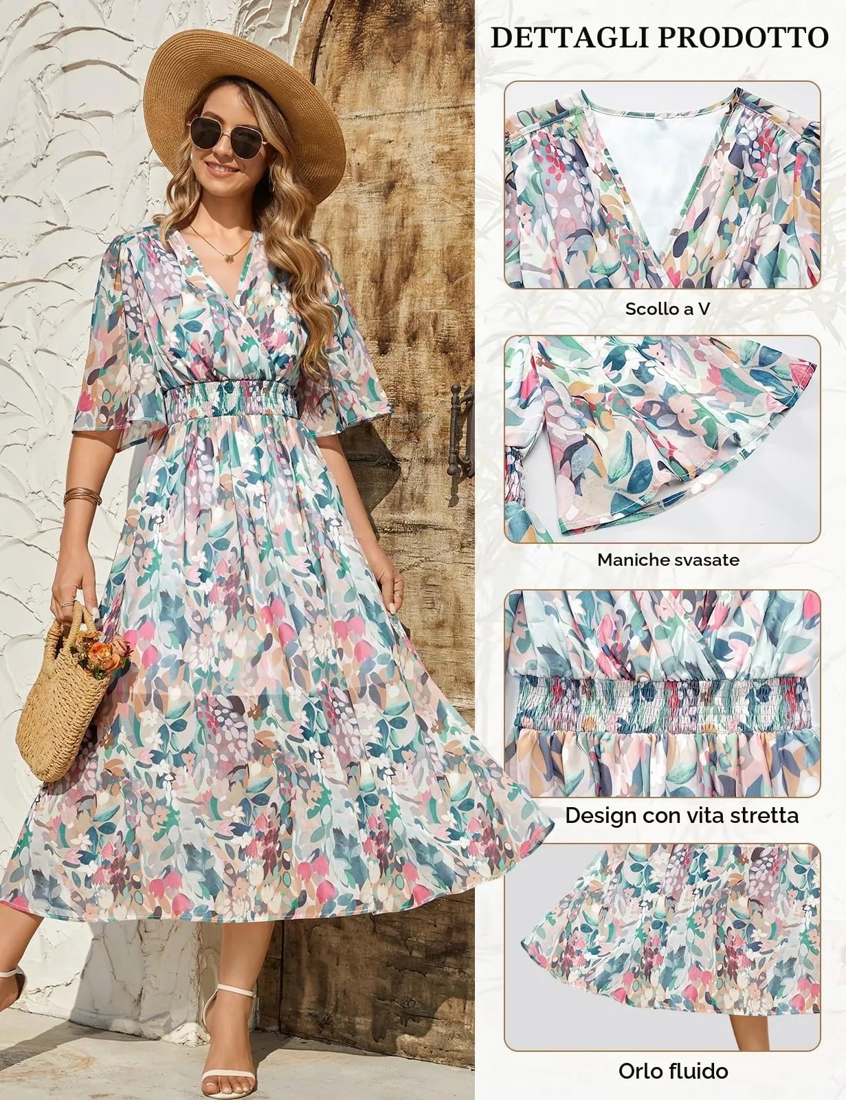 PASUDA Abito Lungo Estivo Donna Manica Corta Scollo a V Stampa Floreale (Fiori Colorati, XXL) - immagine 4