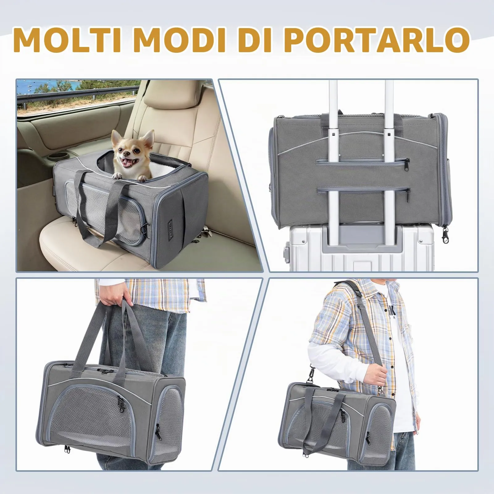 Petsfit Trasportino per Cani e Gatti Lavabile da Viaggio, Grigio, M - immagine 4