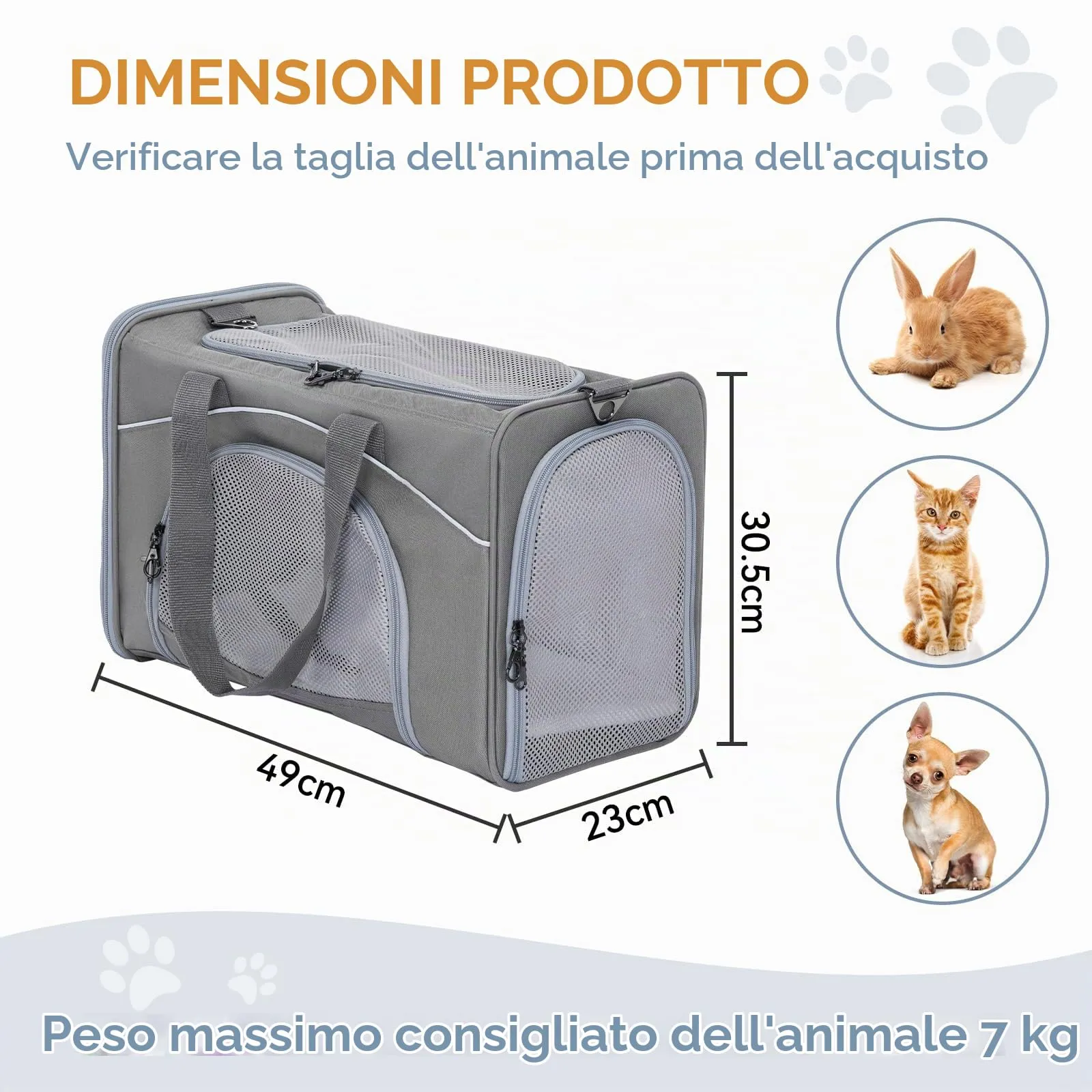 Petsfit Trasportino per Cani e Gatti Lavabile da Viaggio, Grigio, M - immagine 5