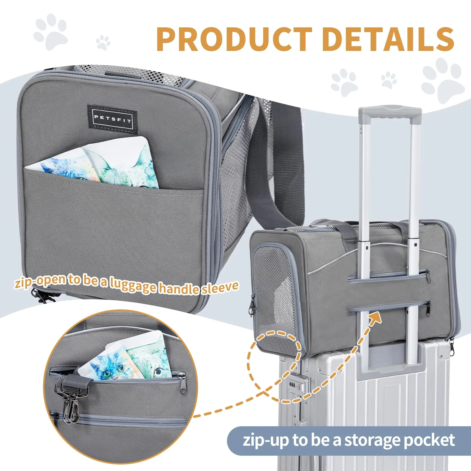 Petsfit Trasportino per Cani e Gatti Lavabile da Viaggio, Grigio, M - immagine 6