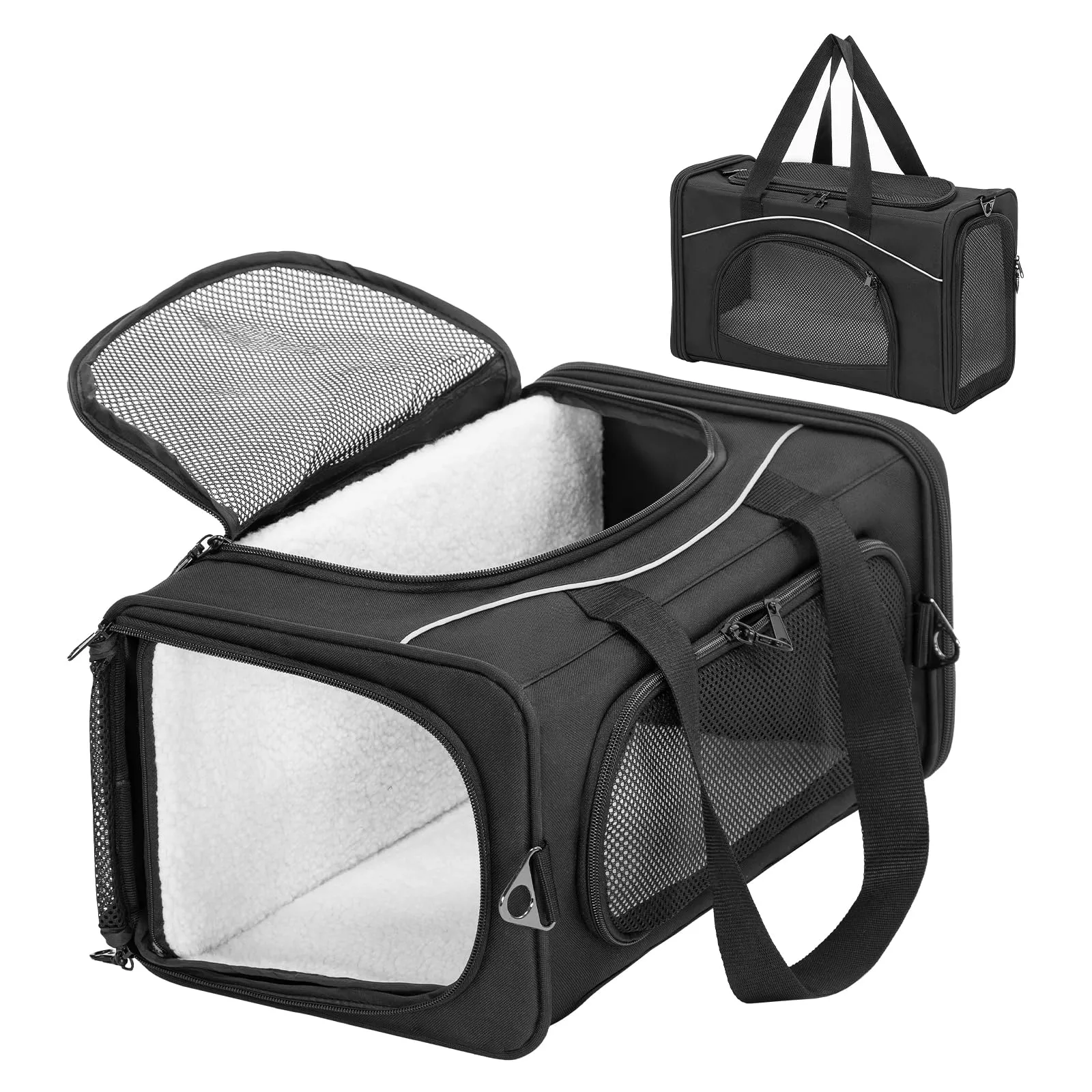 Petsfit Trasportino per Gatti e Cani Traspirante con 2 Cuscini Lavabili, Borsa da Viaggio per Aereo e Auto, S, Nero - immagine 1