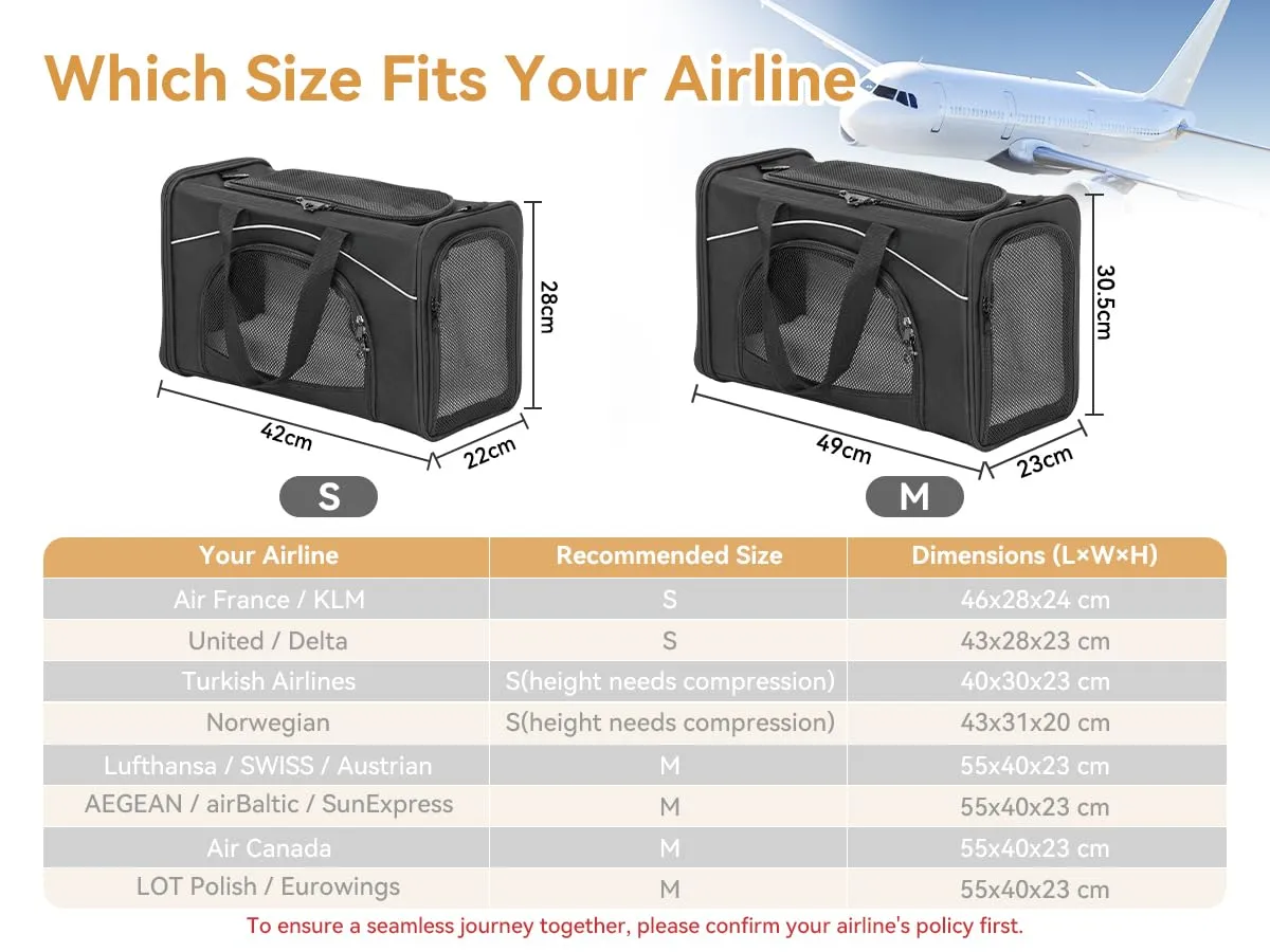 Petsfit Trasportino per Gatti e Cani Traspirante con 2 Cuscini Lavabili, Borsa da Viaggio per Aereo e Auto, S, Nero - immagine 2