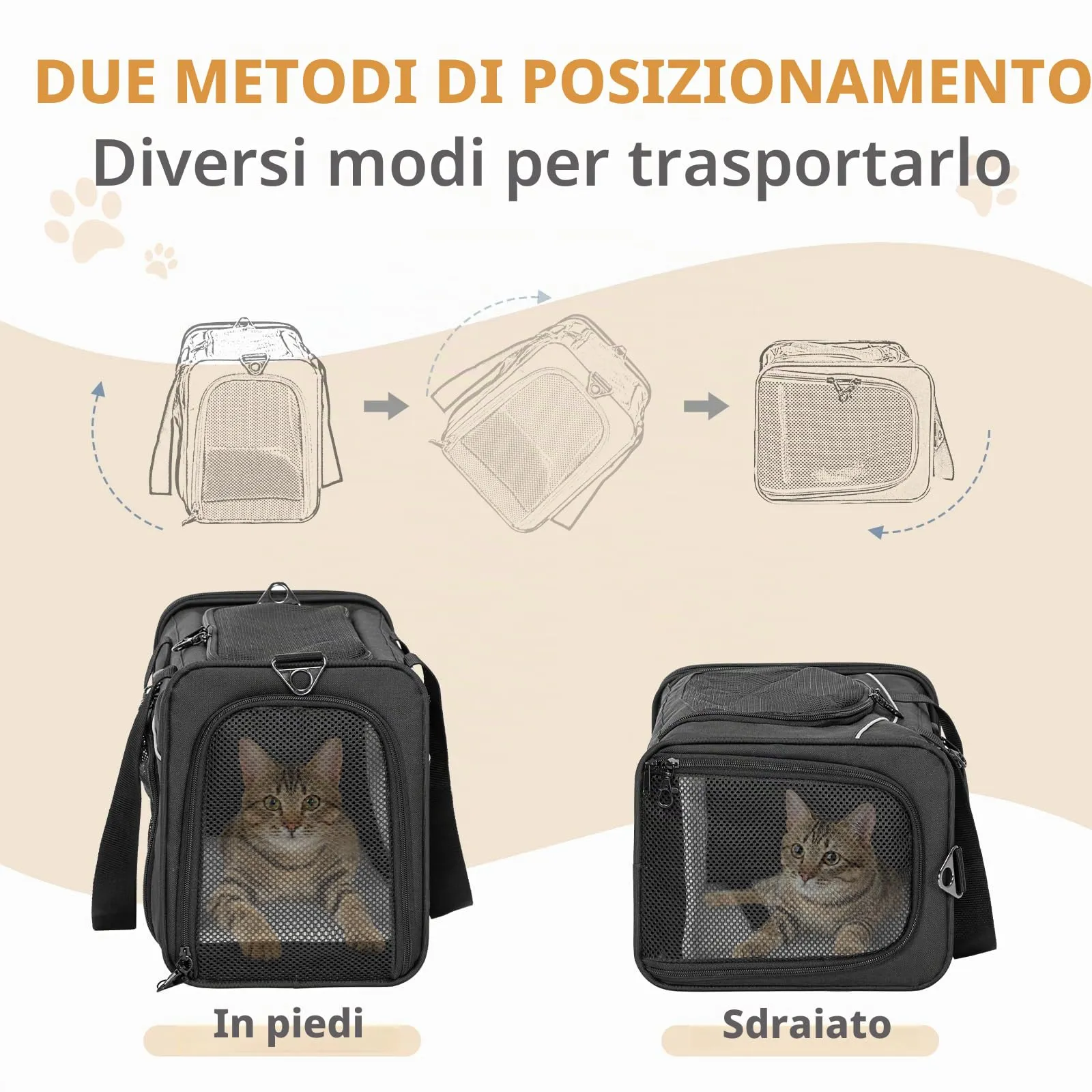 Petsfit Trasportino per Gatti e Cani Traspirante con 2 Cuscini Lavabili, Borsa da Viaggio per Aereo e Auto, S, Nero - immagine 3