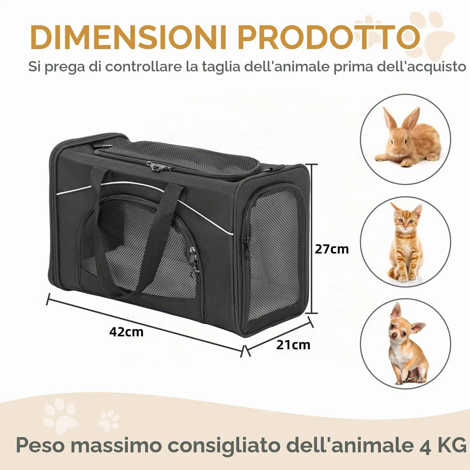 Petsfit Trasportino per Gatti e Cani Traspirante con 2 Cuscini Lavabili, Borsa da Viaggio per Aereo e Auto, S, Nero - immagine 4