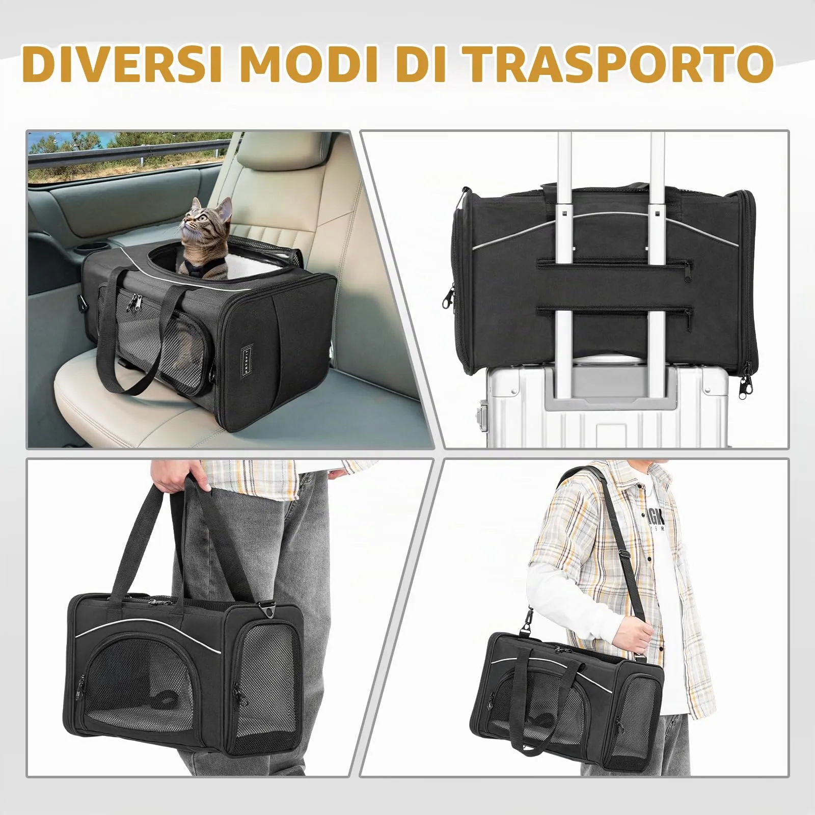 Petsfit Trasportino per Gatti e Cani Traspirante con 2 Cuscini Lavabili, Borsa da Viaggio per Aereo e Auto, S, Nero - immagine 9