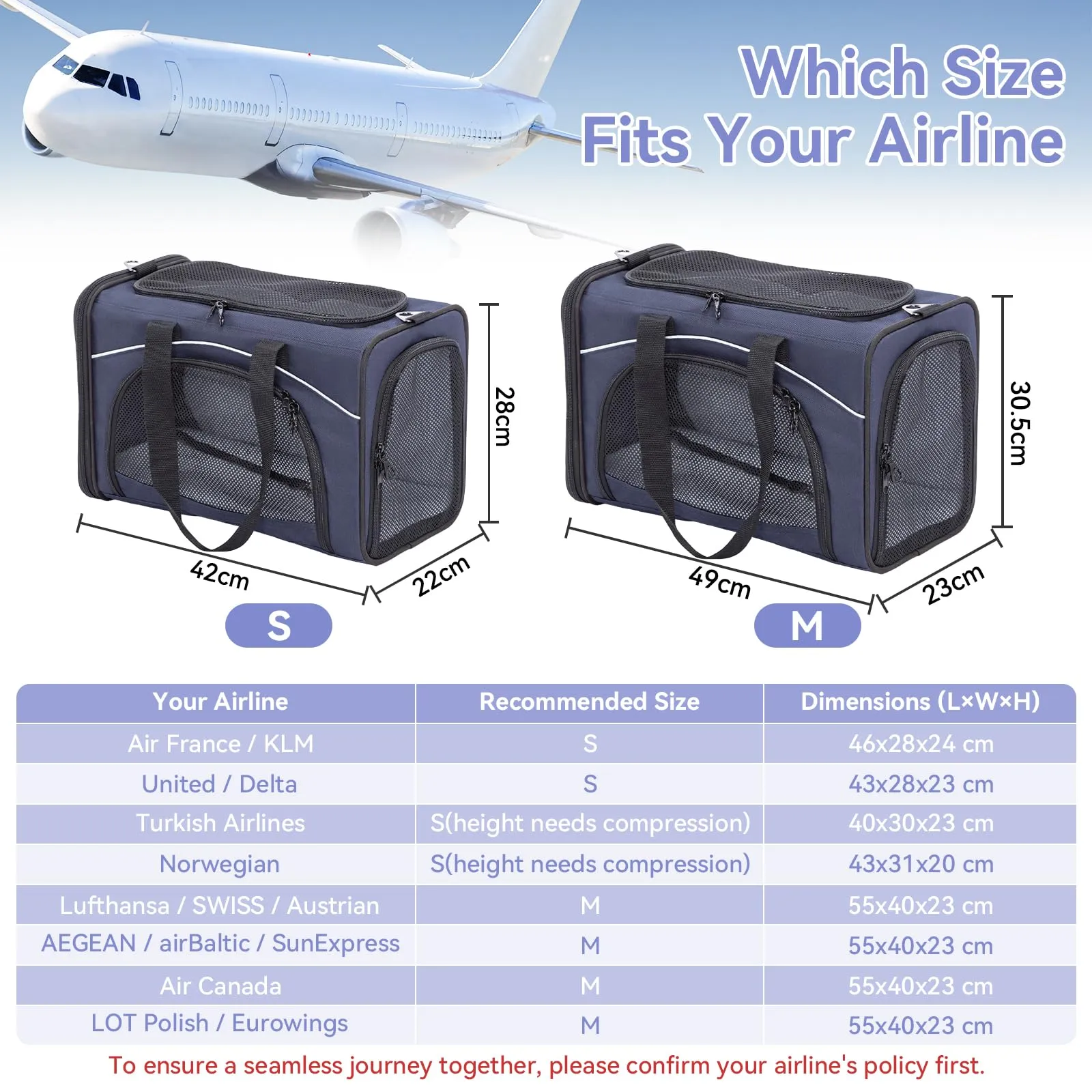 Petsfit Trasportino per Gatti e Cani Traspirante con 2 Cuscini Lavabili, Borsa da Viaggio per Aereo e Auto - Blu, S - immagine 3