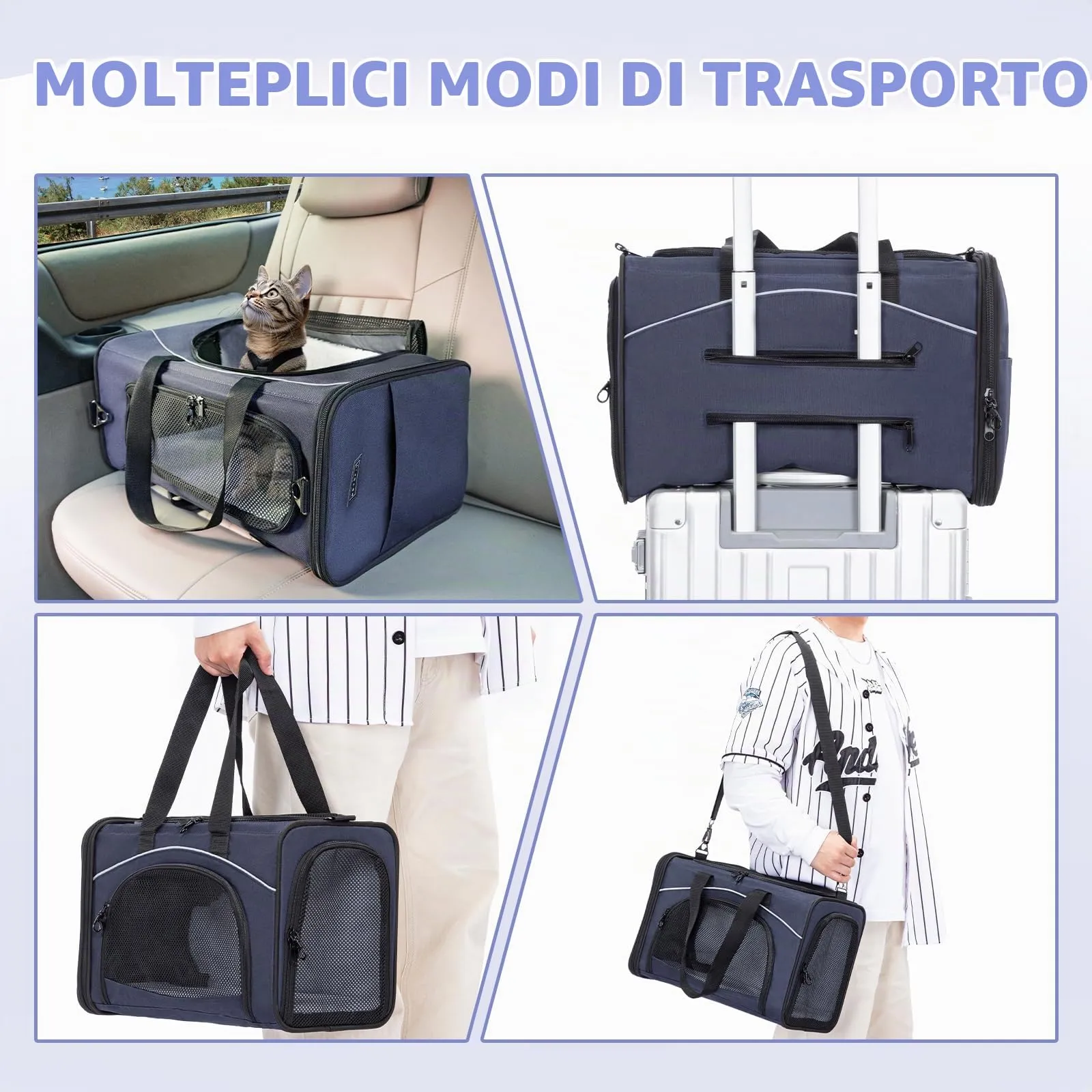 Petsfit Trasportino per Gatti e Cani Traspirante con 2 Cuscini Lavabili, Borsa da Viaggio per Aereo e Auto - Blu, S - immagine 8