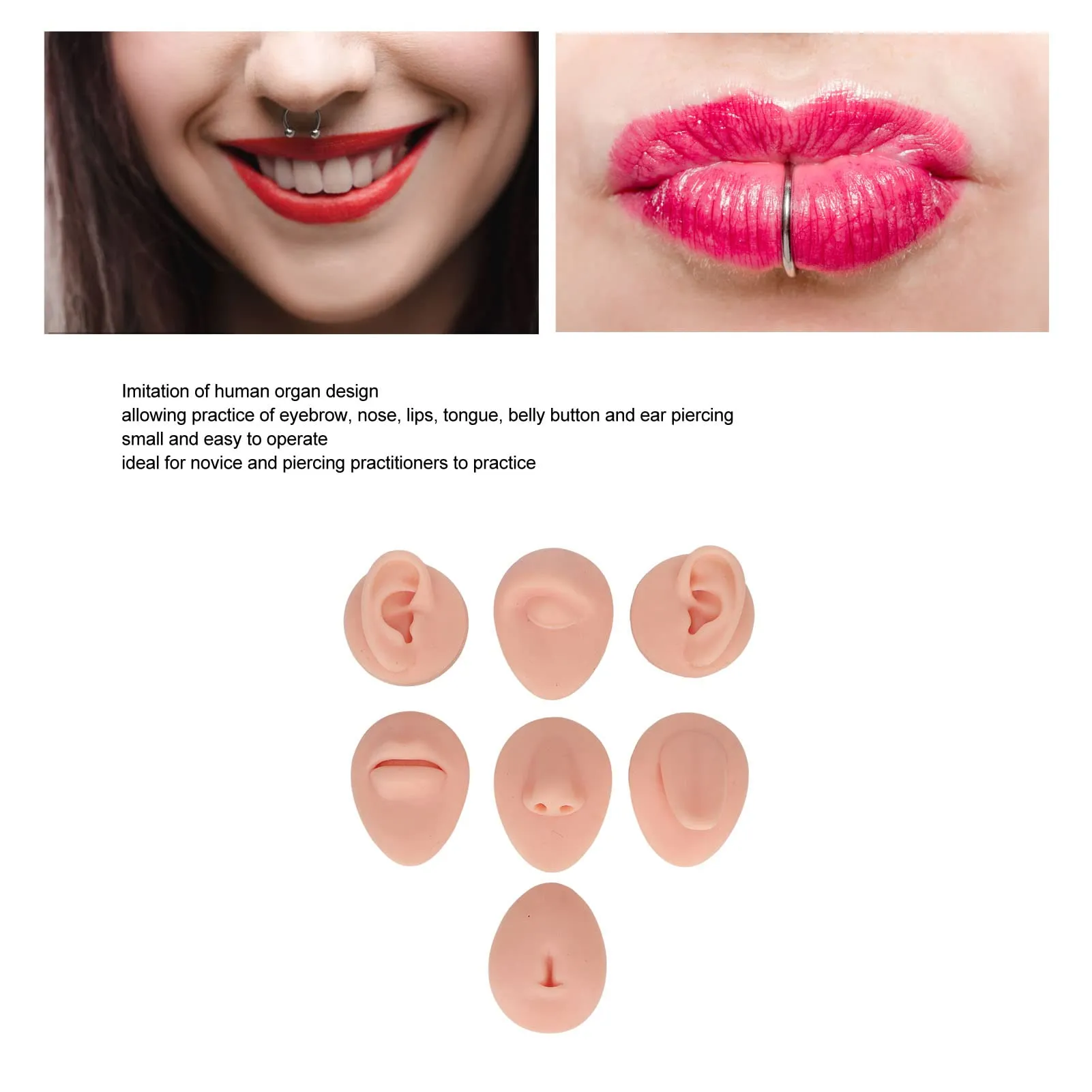 Socobeta Body Piercing Practice Model Simulation Silicone Ear Eye Nose Mouth Tongue and Navel for Beginners (Light Skin Color) - immagine 3