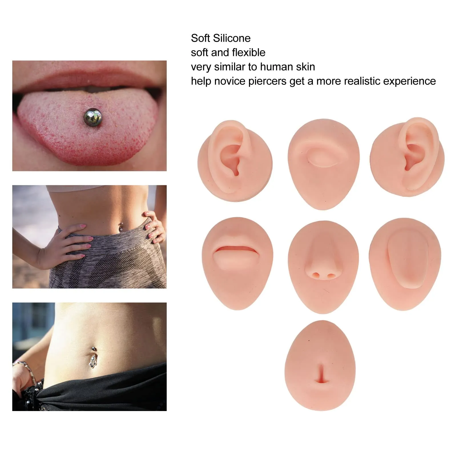 Socobeta Body Piercing Practice Model Simulation Silicone Ear Eye Nose Mouth Tongue and Navel for Beginners (Light Skin Color) - immagine 4