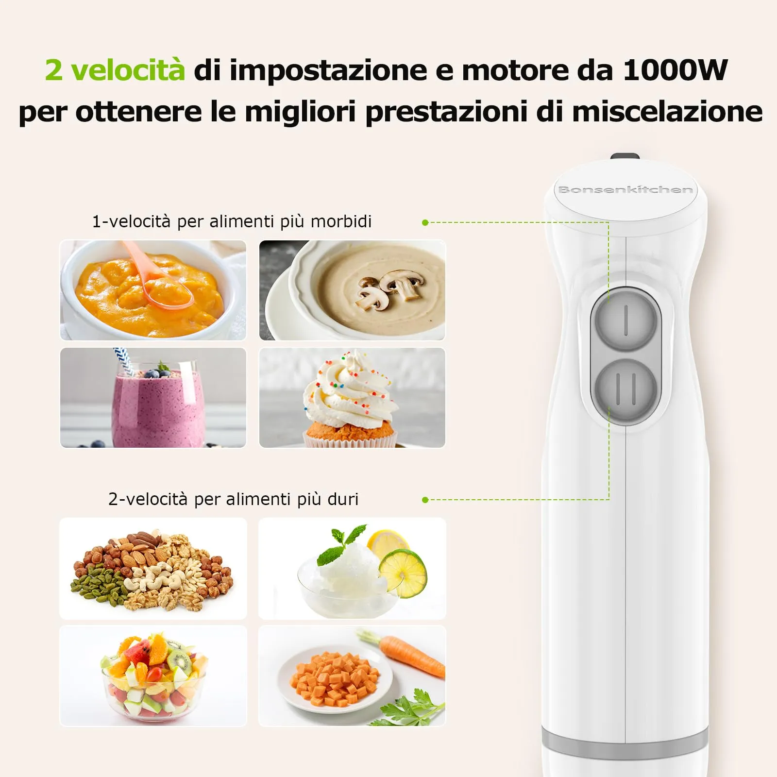 Bonsenkitchen Frullatore a Immersione 1000W con Vaso Graduato da 700 ml - immagine 2