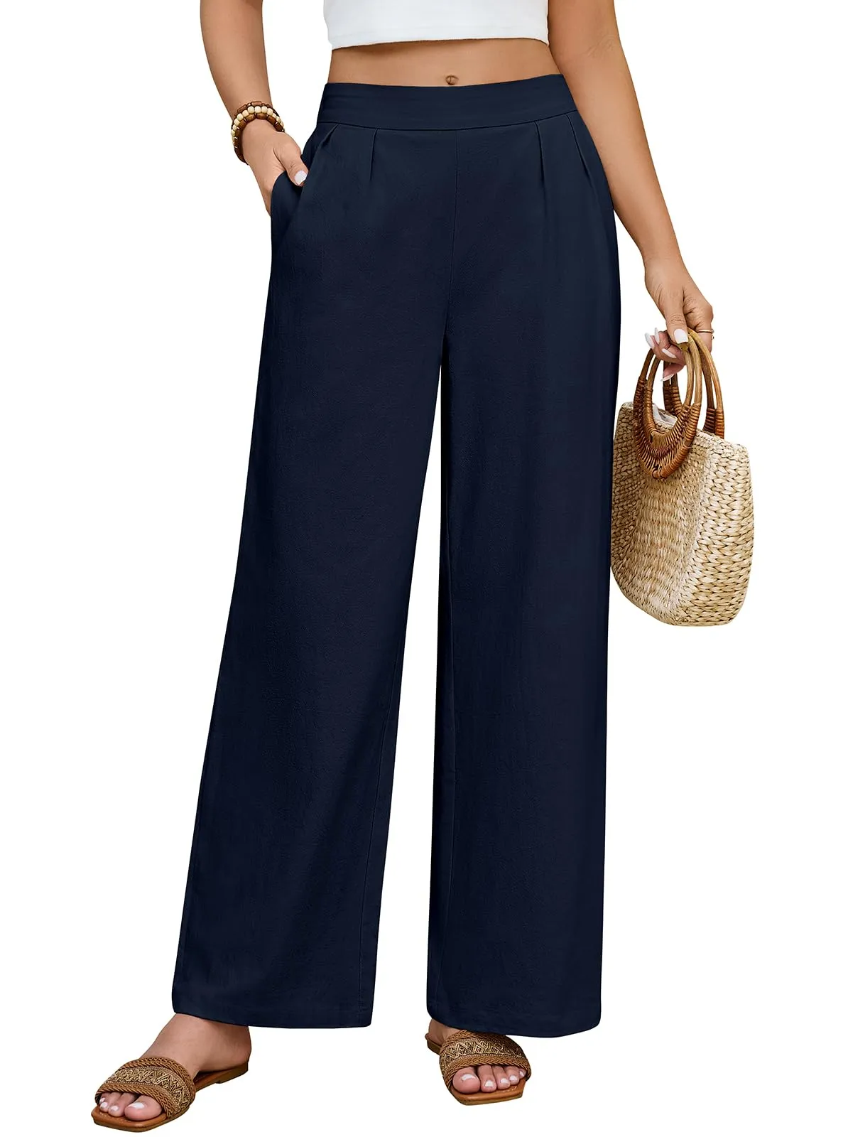 PASUDA Pantaloni Donna Estivi in Cotone a Gamba Larga con Vita Elastica e Tasche, Blu Navy, XXL - immagine 1
