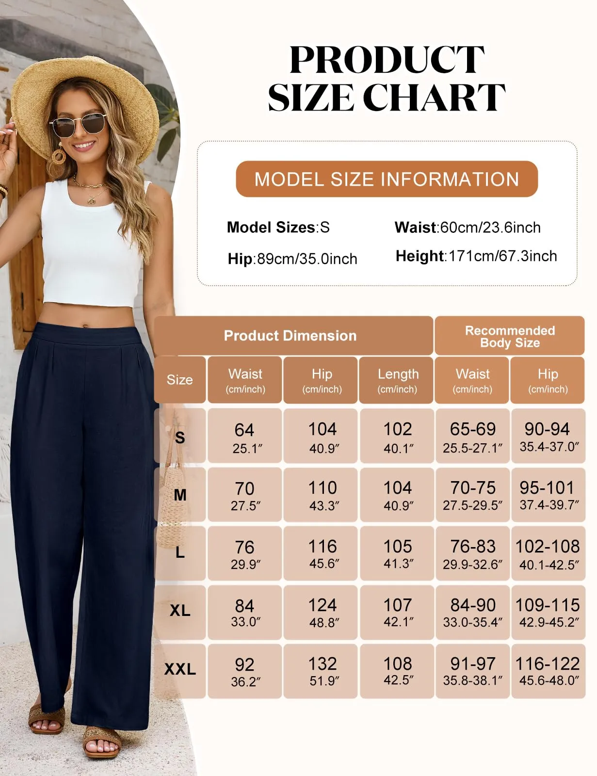 PASUDA Pantaloni Donna Estivi in Cotone a Gamba Larga con Vita Elastica e Tasche, Blu Navy, XXL - immagine 3