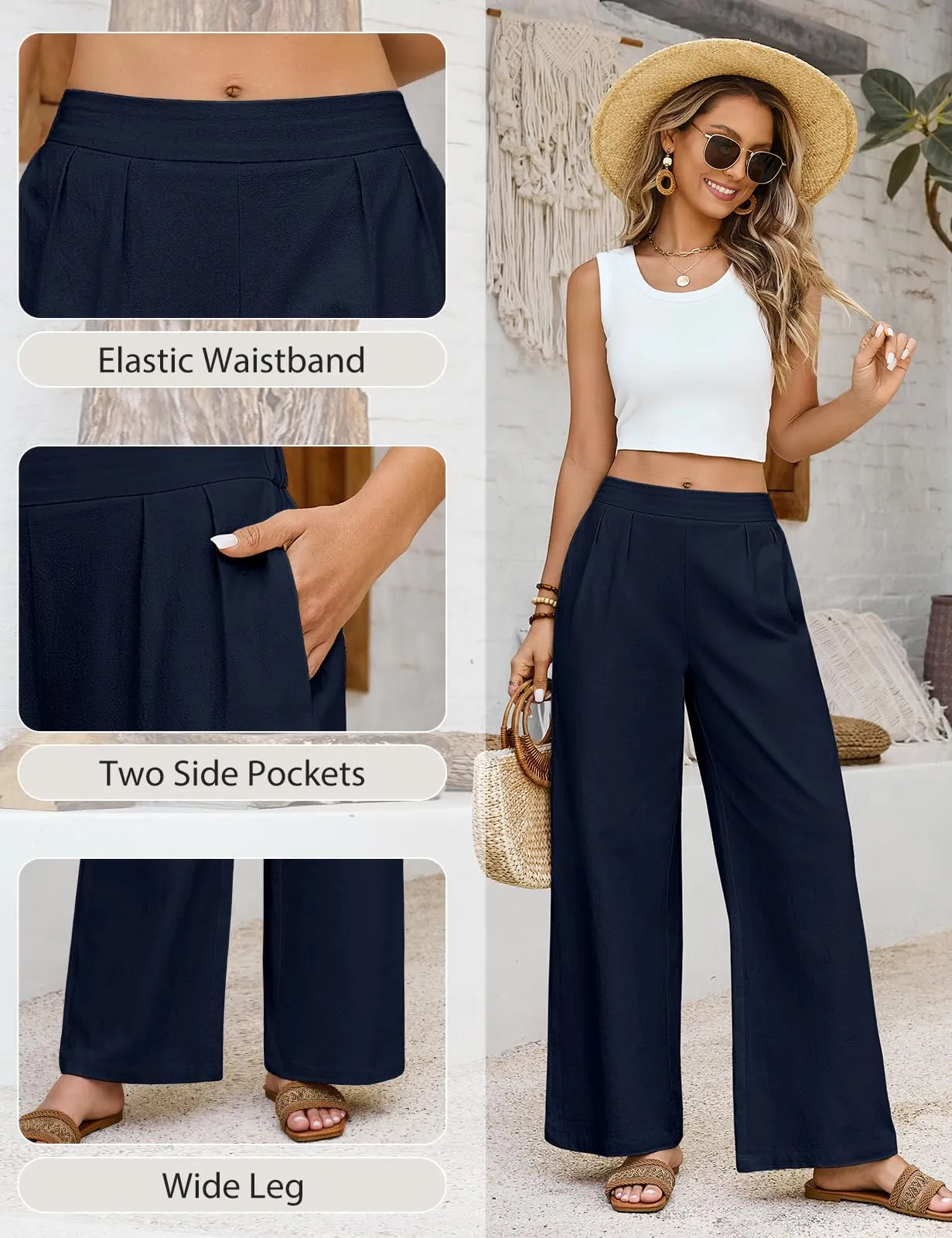 PASUDA Pantaloni Donna Estivi in Cotone a Gamba Larga con Vita Elastica e Tasche, Blu Navy, XXL - immagine 4
