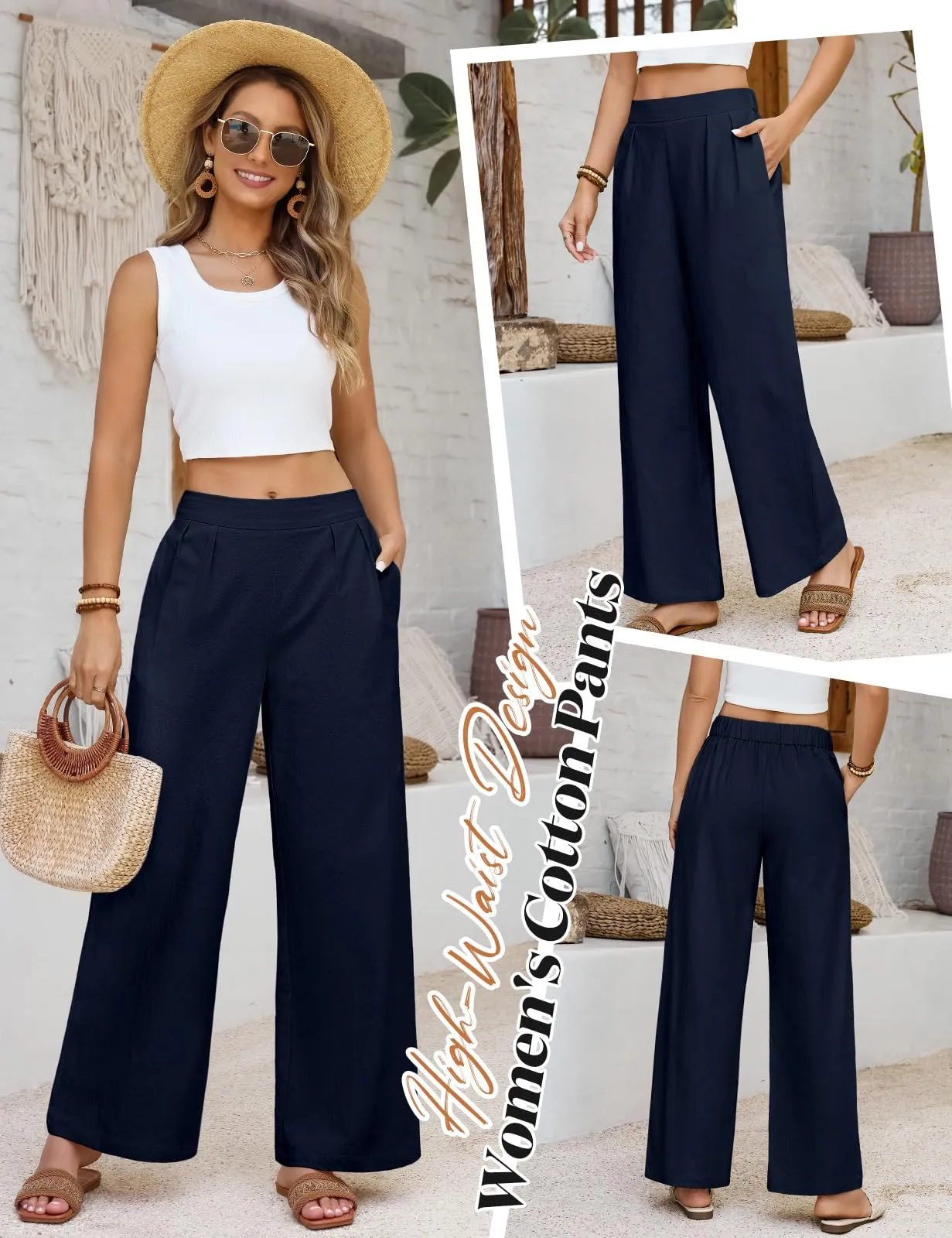 PASUDA Pantaloni Donna Estivi in Cotone a Gamba Larga con Vita Elastica e Tasche, Blu Navy, XXL - immagine 6