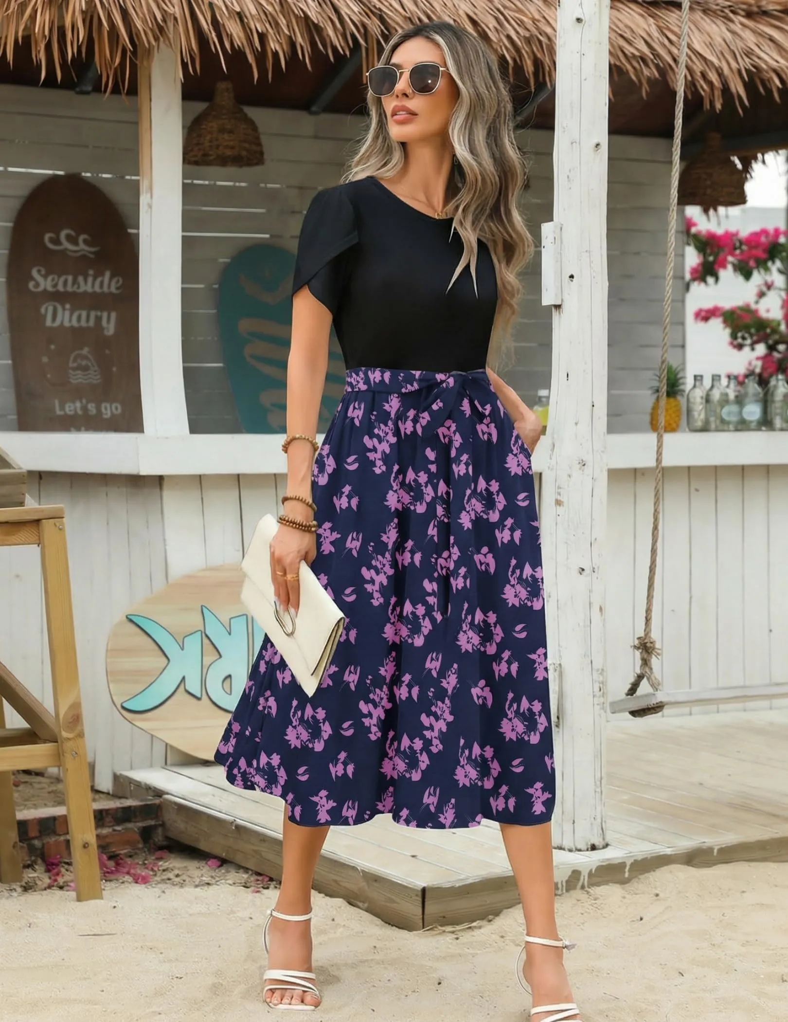 Zeagoo Abito Midi Donna Floreale Scollo Rotondo Manica Corta A Line - immagine 4