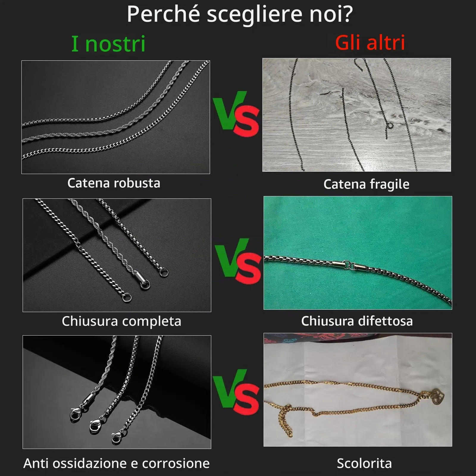 Esmoly Set 3 Collane Uomo Cuban Chain in Acciaio Inossidabile 45cm/2mm - immagine 5