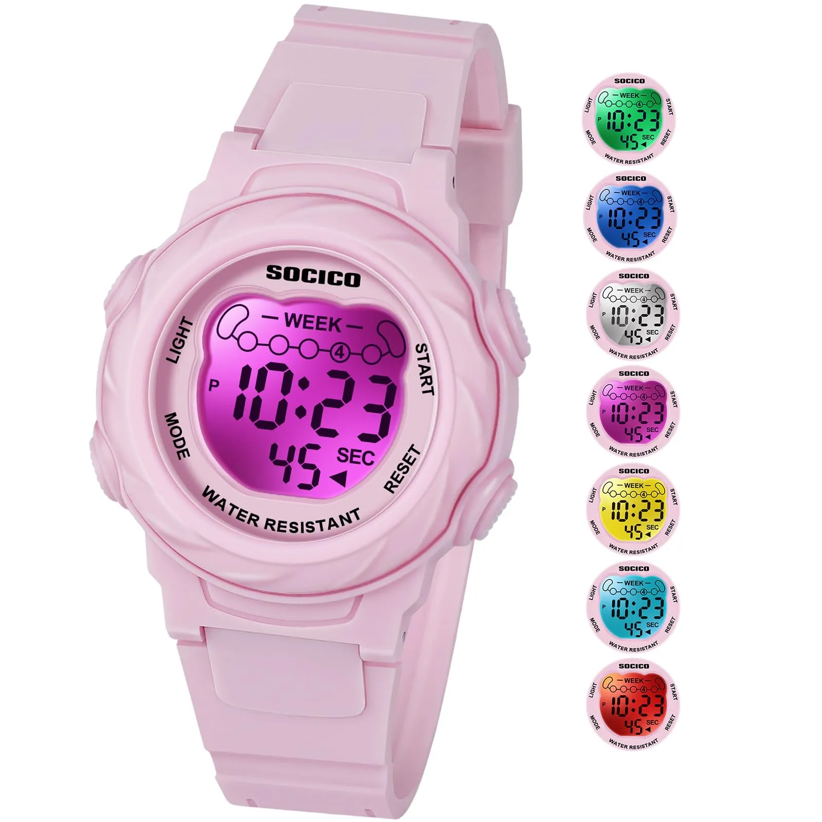 SOCICO Orologio Digitale Impermeabile 5ATM per Bambini con Luce a 7 Colori - Rosa - immagine 1
